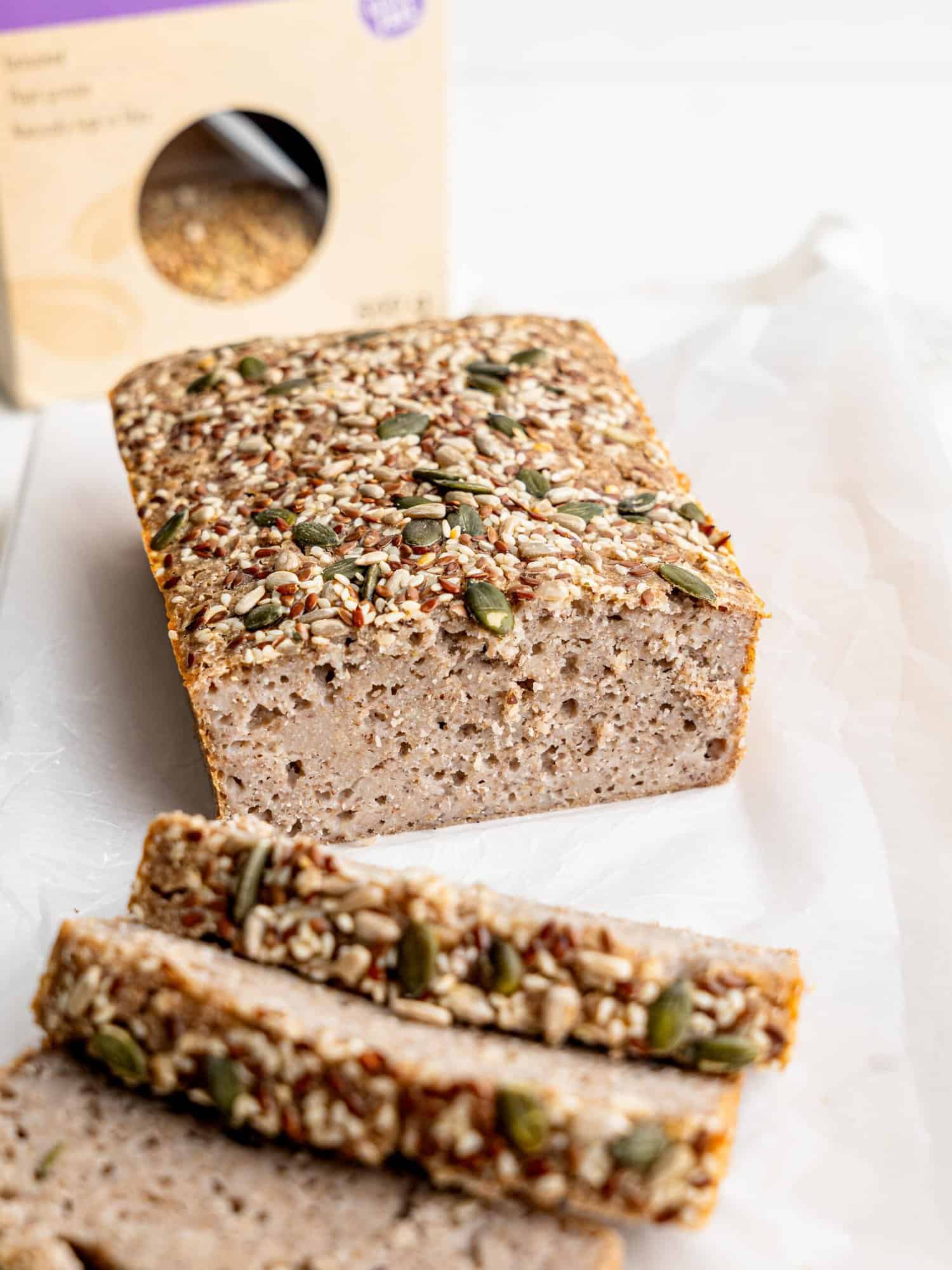 Sliced buckwheat bread on a chopping board.