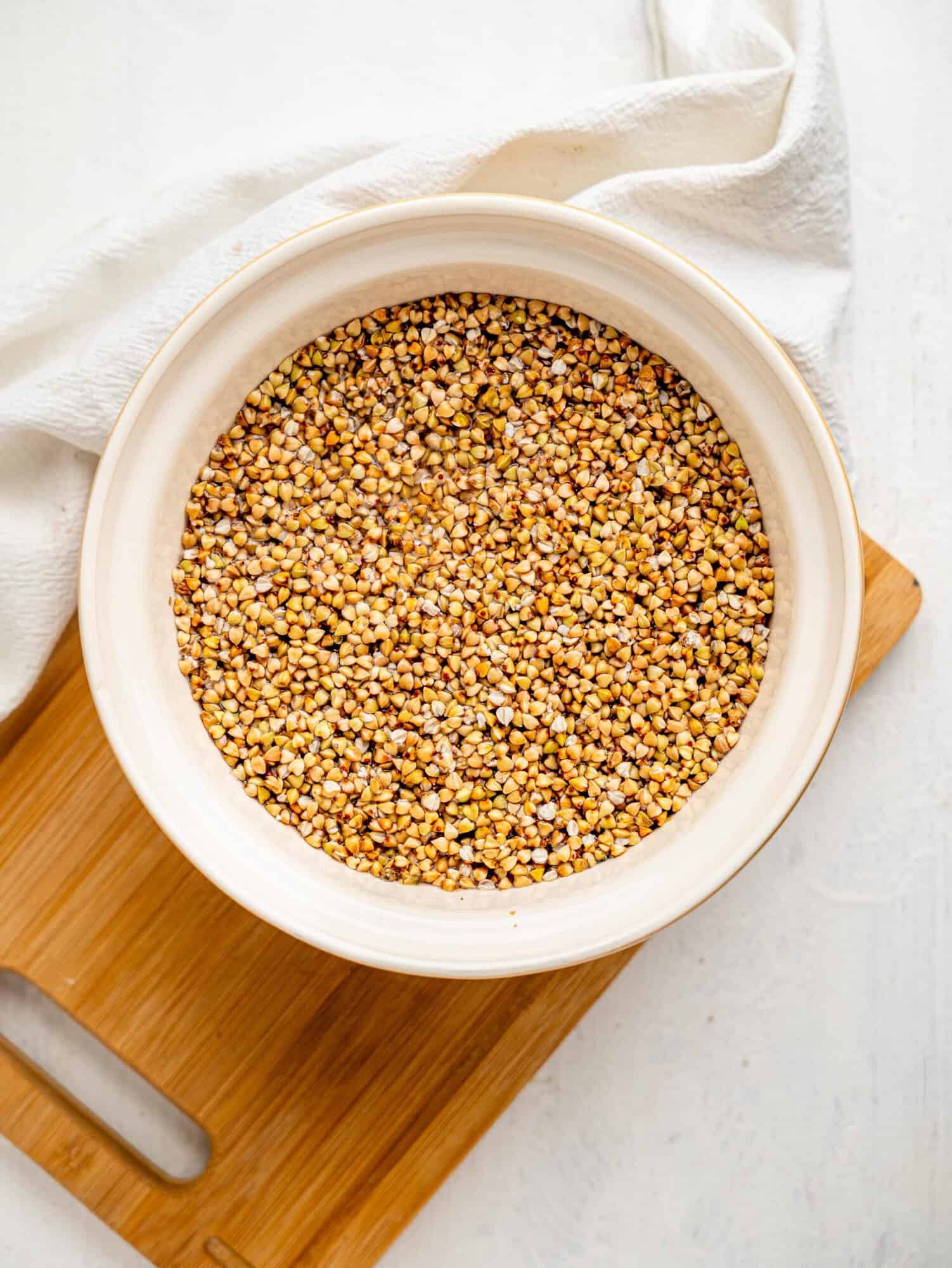 Buckwheat groats in a bowl after soaking for 12 hours.