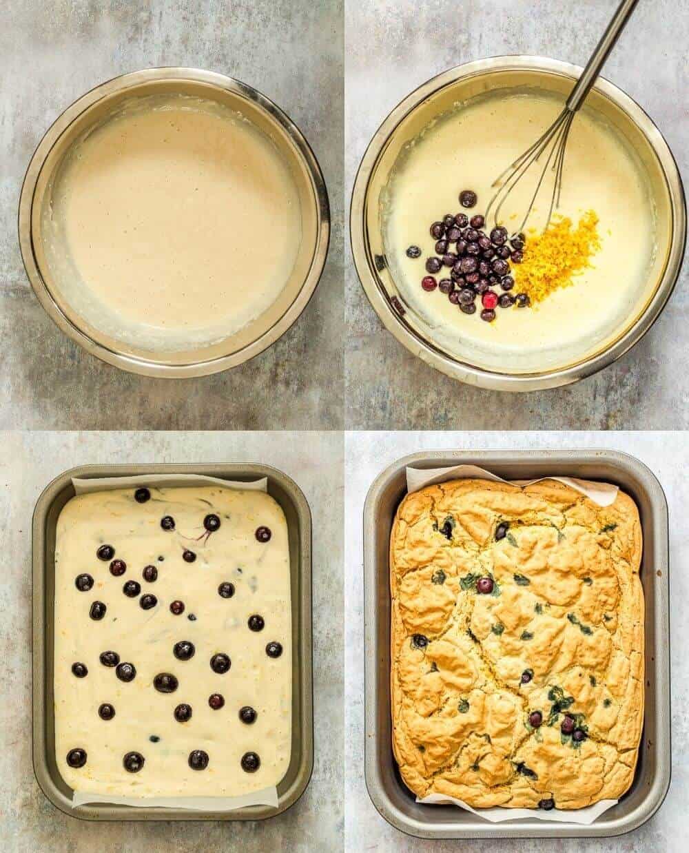 The process of make baked blueberry pancakes: 1. Combine pancake ingredients in a bowl. 2. Add in Blueberries and Lemon Zest. 3. Pour into a sheet pan. 4. Bake.