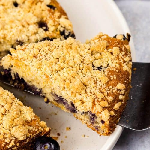 A slice of blueberry crumb cake on a cake slicer. The rest of the cake is on a white plate.