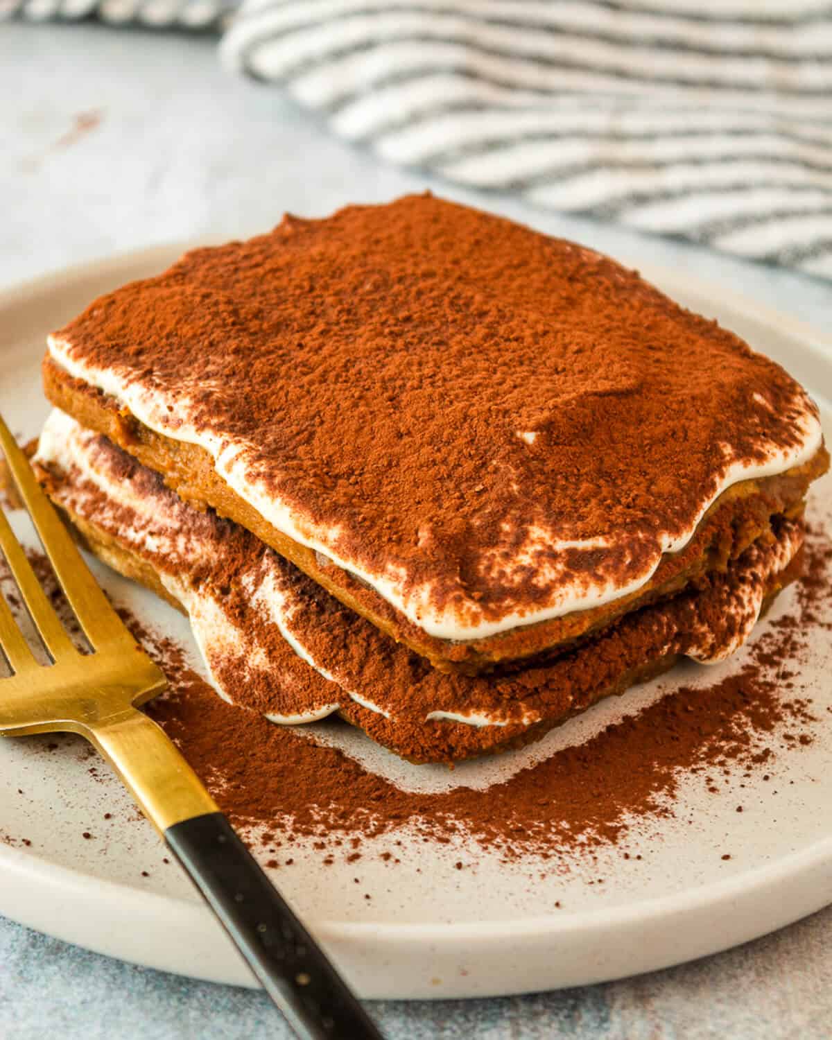 A single serving of tiramisu on a grey plate. There is a fork to the left of the tiramisu.