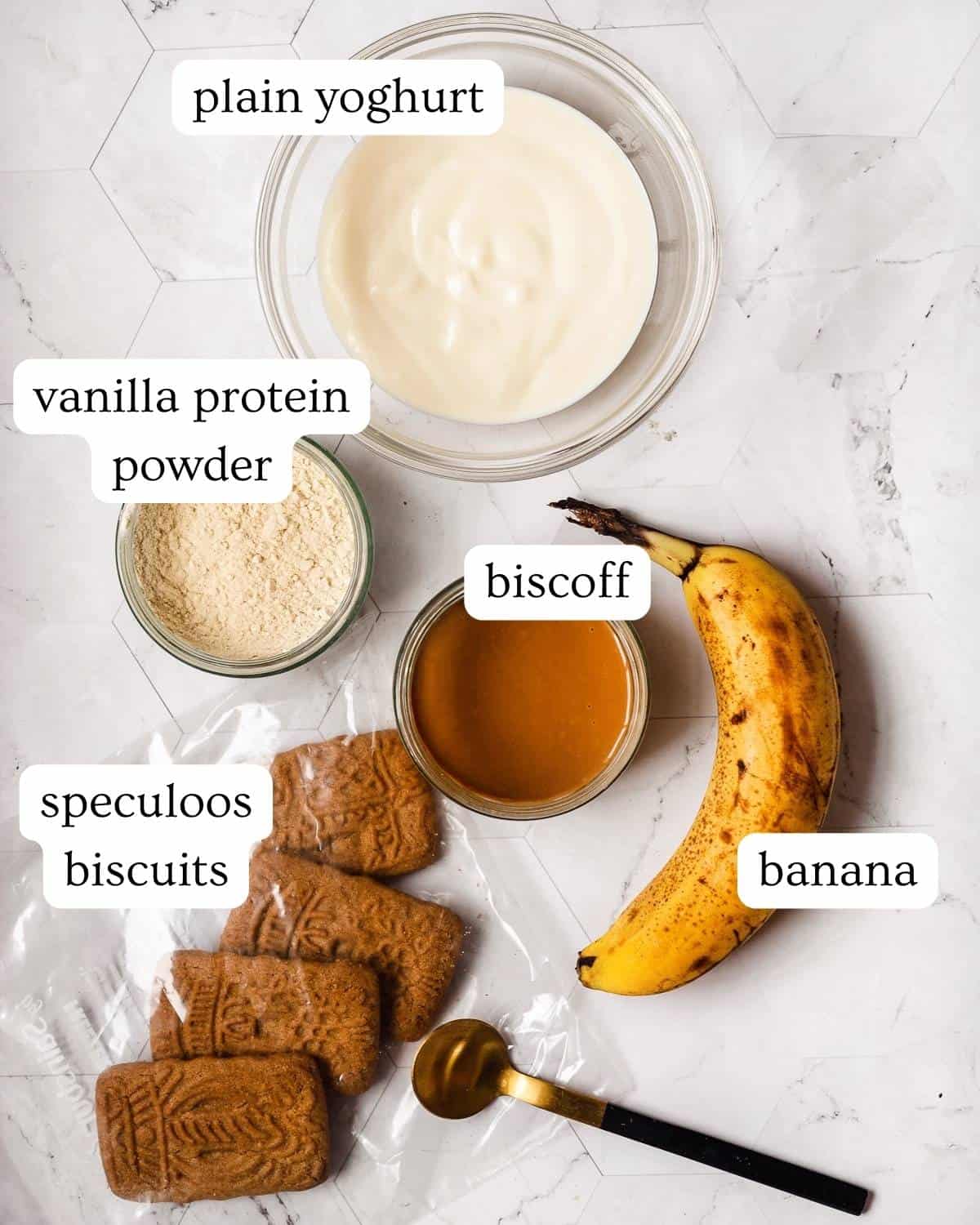 Ingredients needed to make biscoff banoffee pie cups.