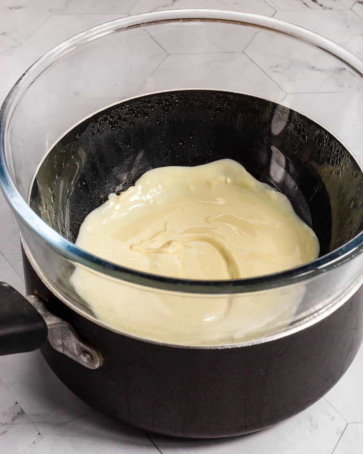 White Chocolate melted using the double boiler method.
