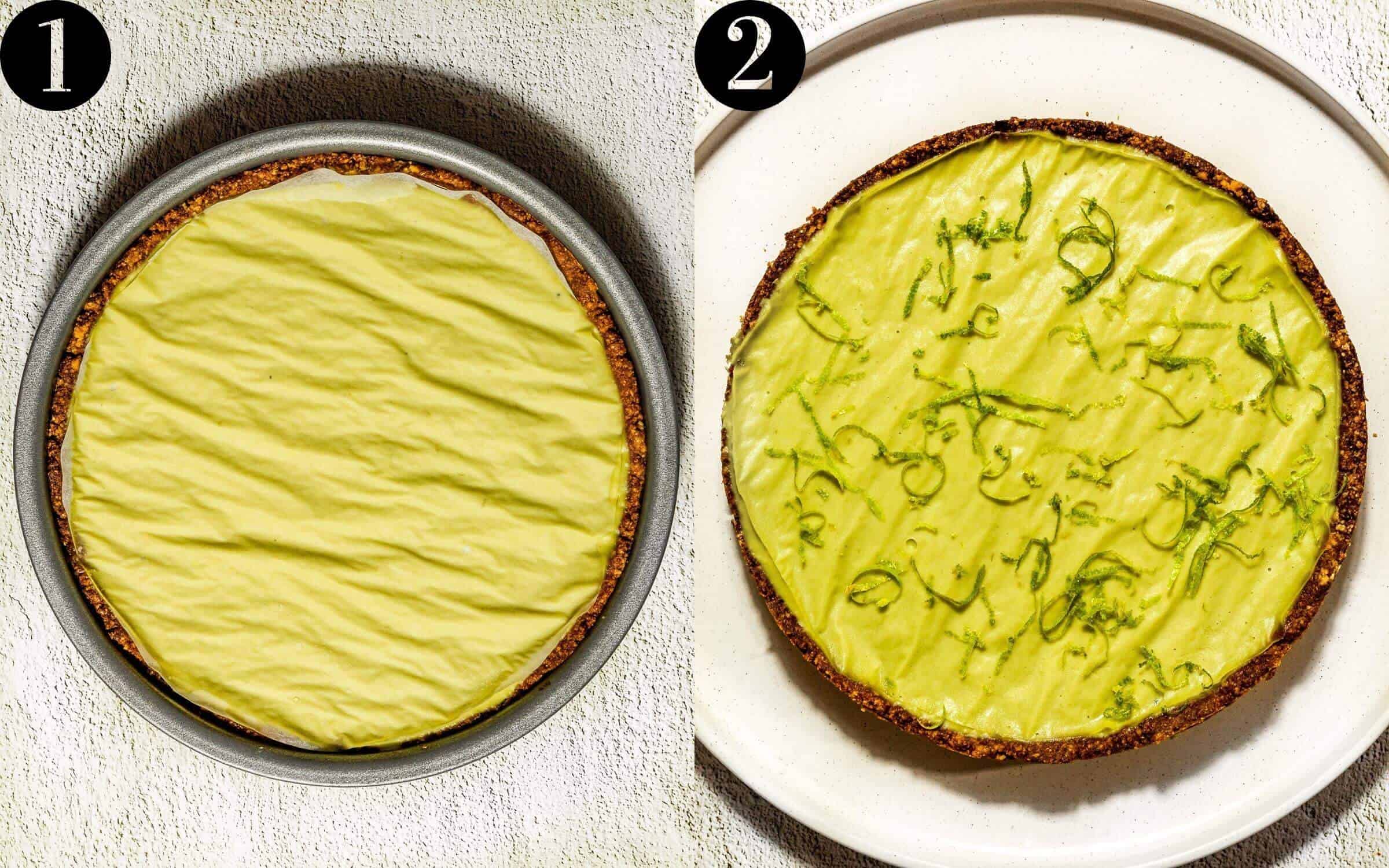 Putting a vegan key lime pie together. 1 - Cover with parchment paper or clingfilm. 2 - Top with lime zest