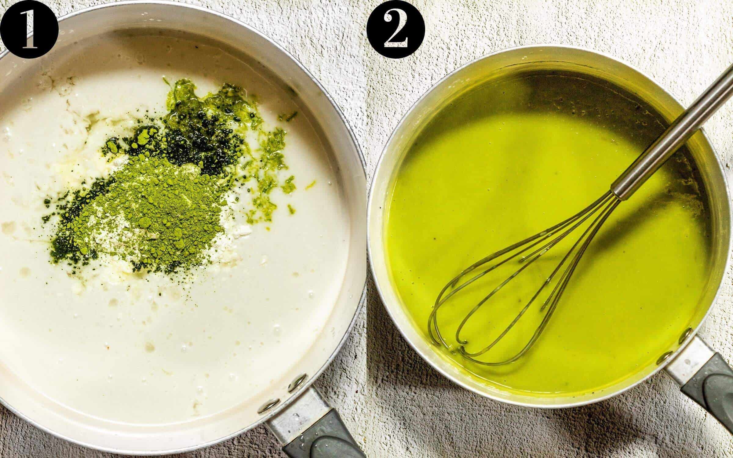 Making Vegan Key Lime Pie filling: 1. combine ingredients in a saucepan. 2. Whisk on low-medium heat until thickened.