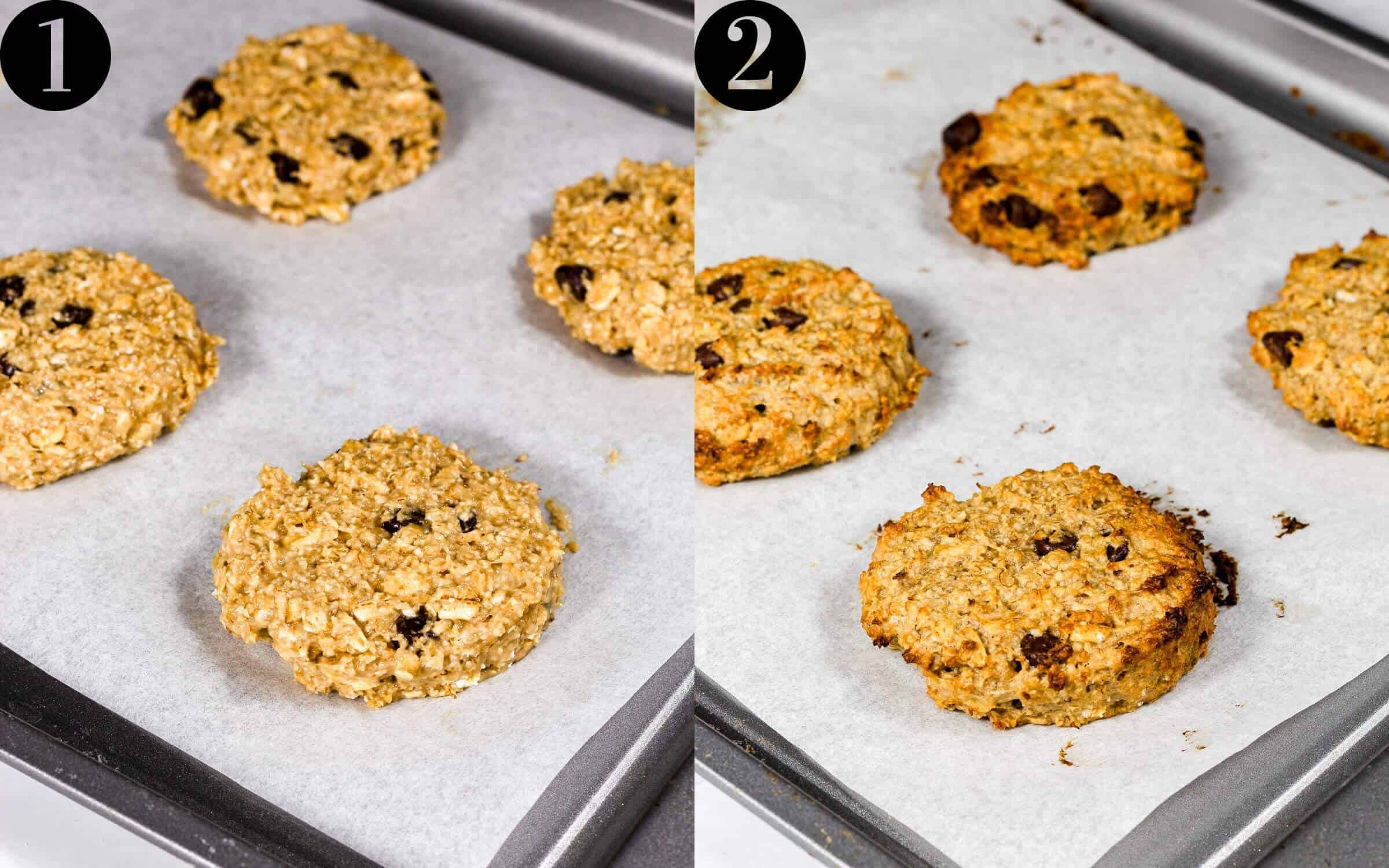 Oatmeal Cookies on a baking tray before and after baking.