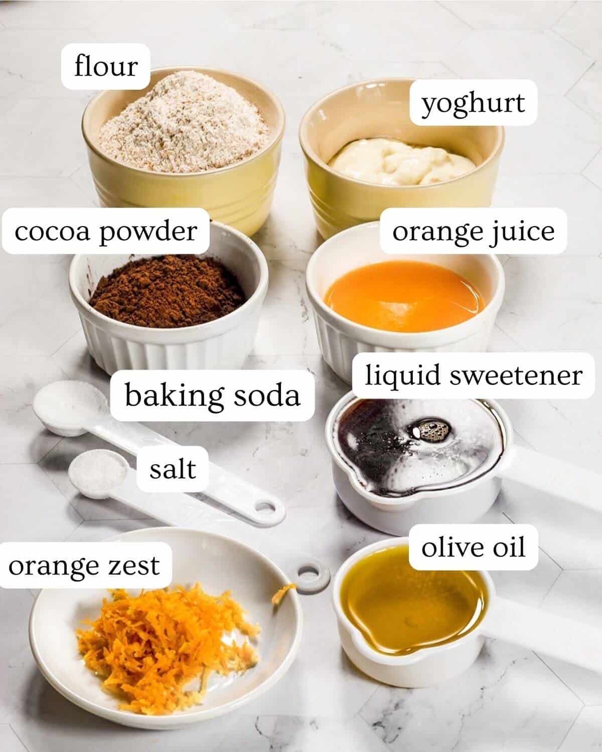 Ingredients for a healthy chocolate orange fudge cake.