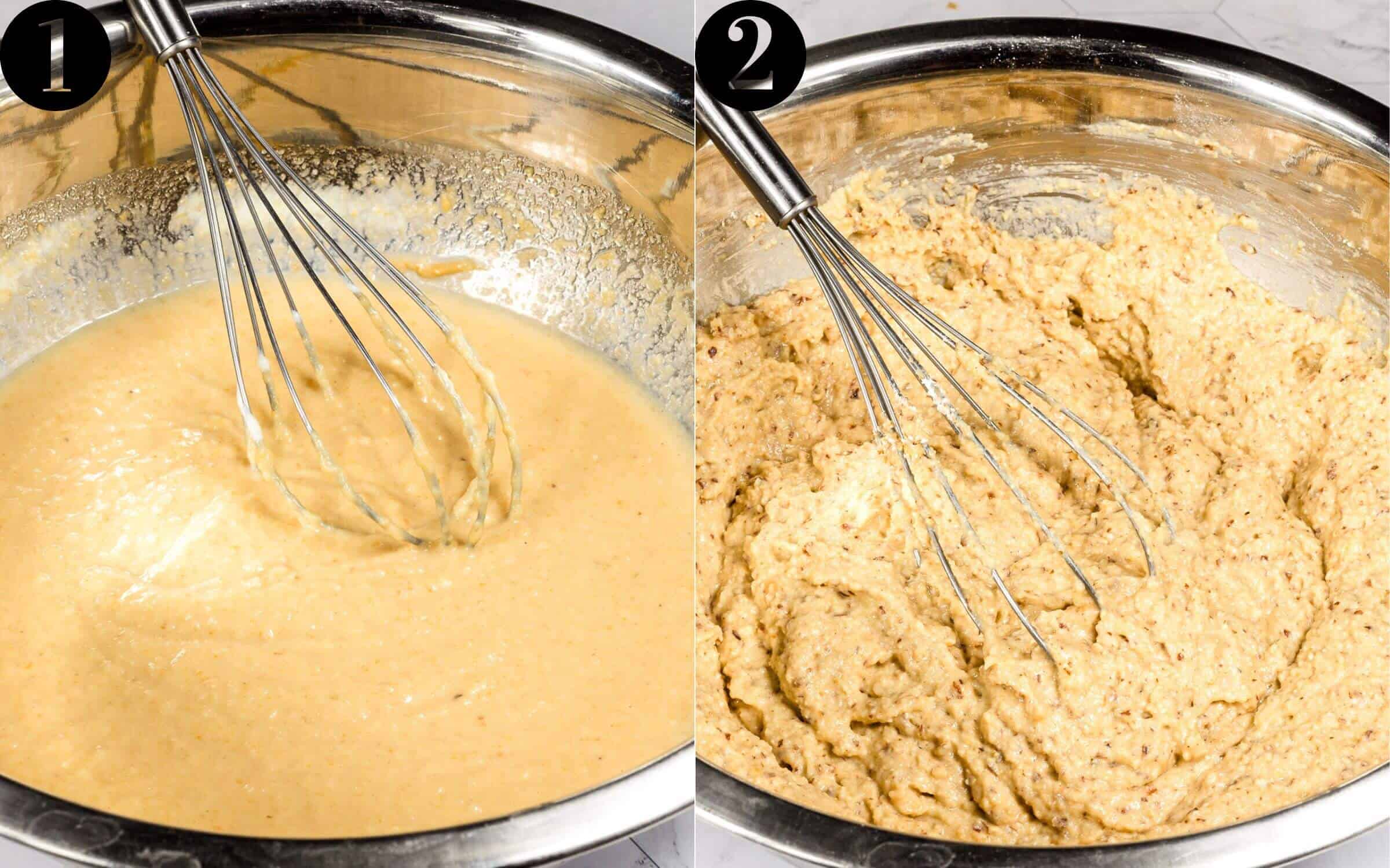 Peanut Butter cake process shots. Image 1: combined wet ingredients. Image 2: Cake batter.