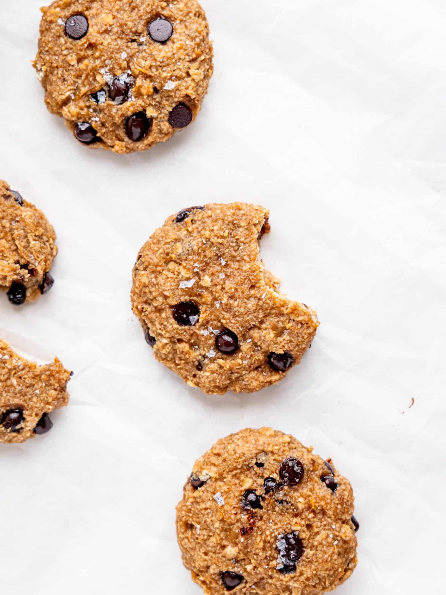 Bird's eye view of a half eaten banana oatmeal cookie.