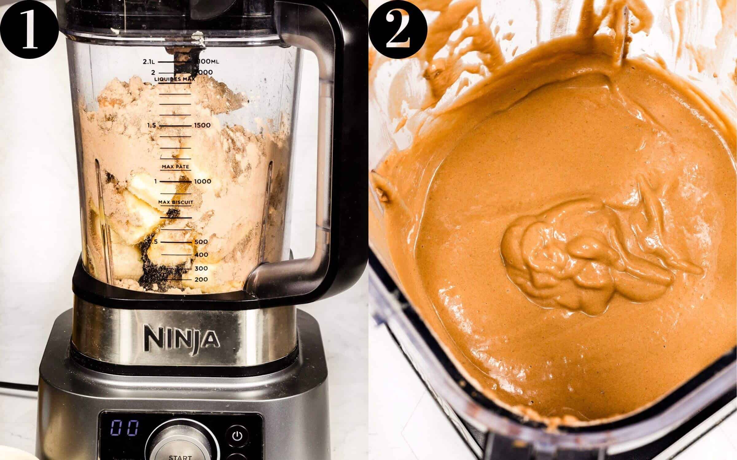 Process images of protein ice cream bars. Image 1: Ingredients in blender. Image 2: Blended ingredients.