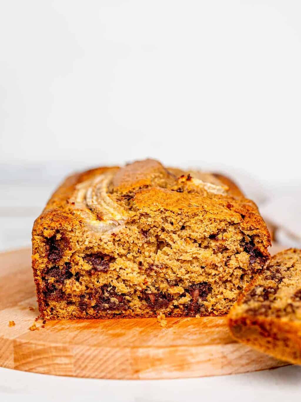 Fluffy Healthy Banana Bread with chocolate chips.