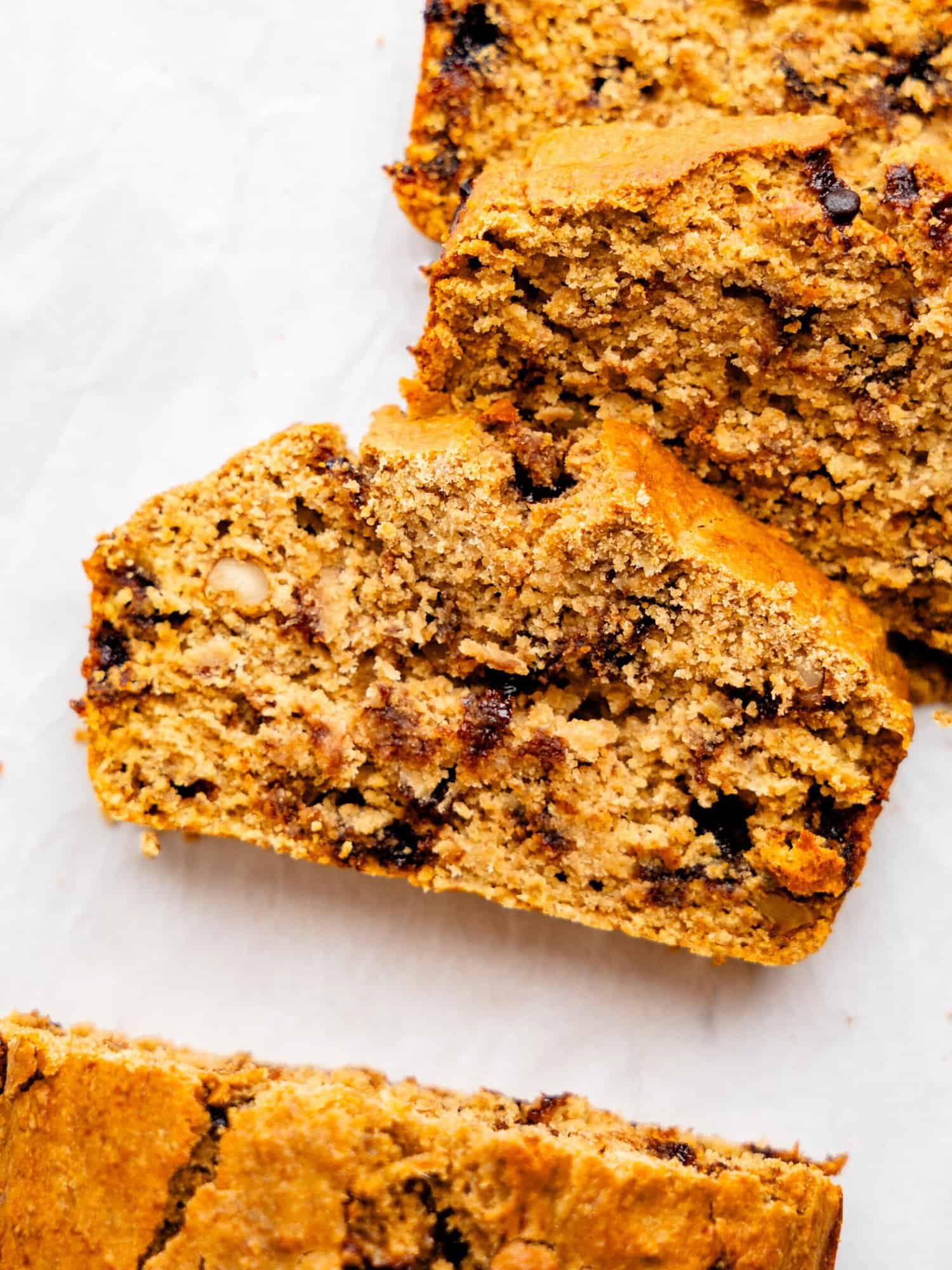 Oat Flour Banana Bread with chocolate chips and walnuts.