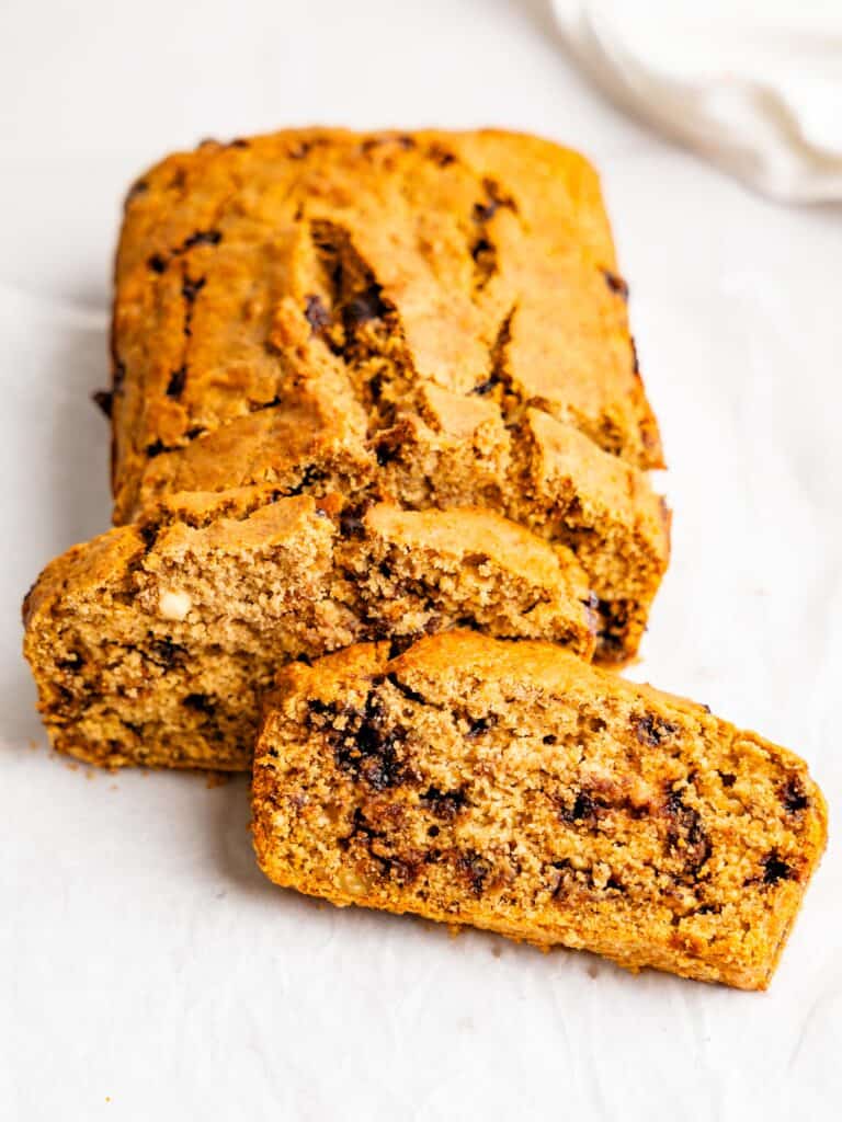 Oat Flour Banana Bread with chocolate chips and walnuts.