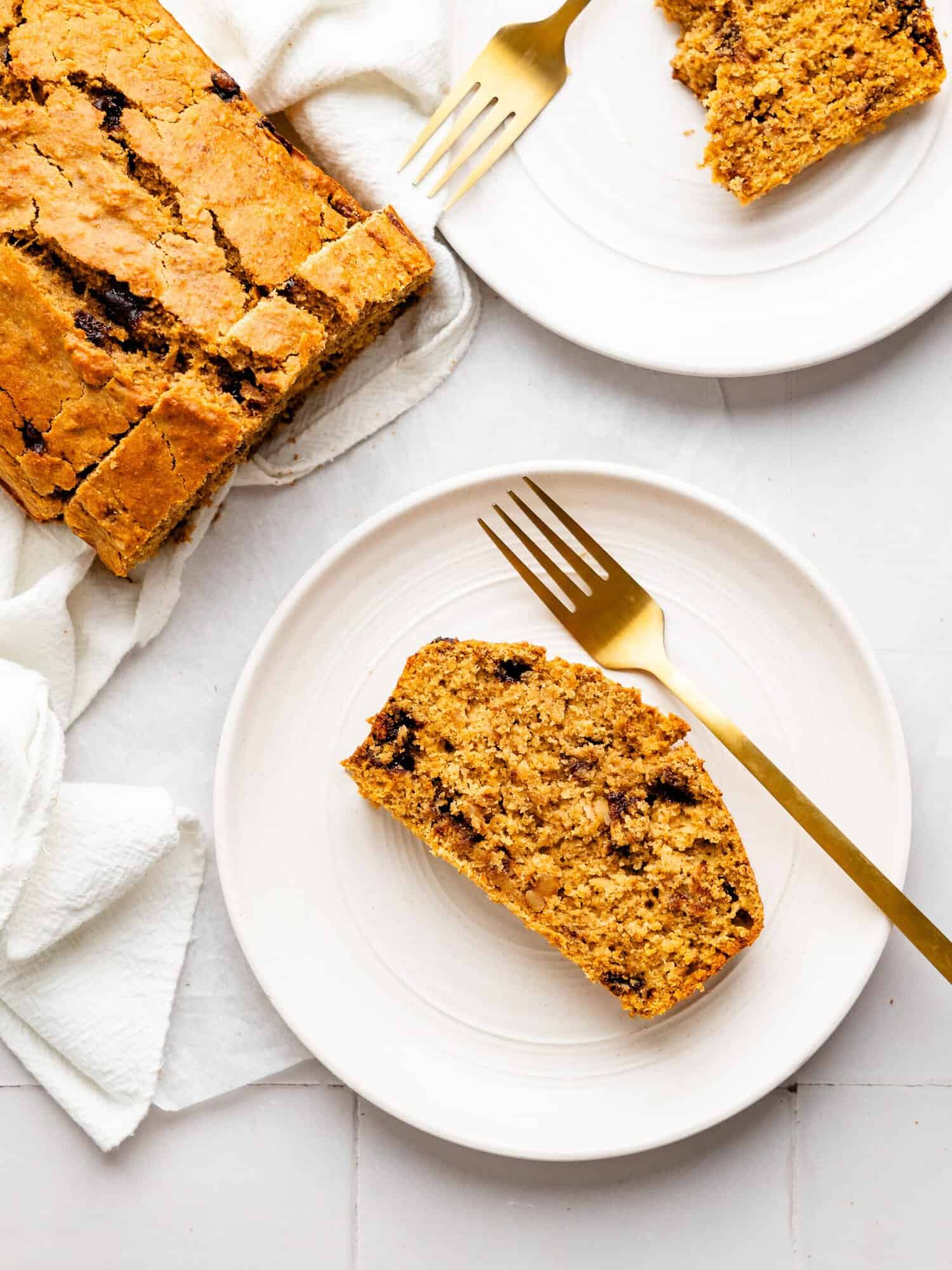 Healthy Oat Flour Banana Bread with chocolate chips and walnuts.