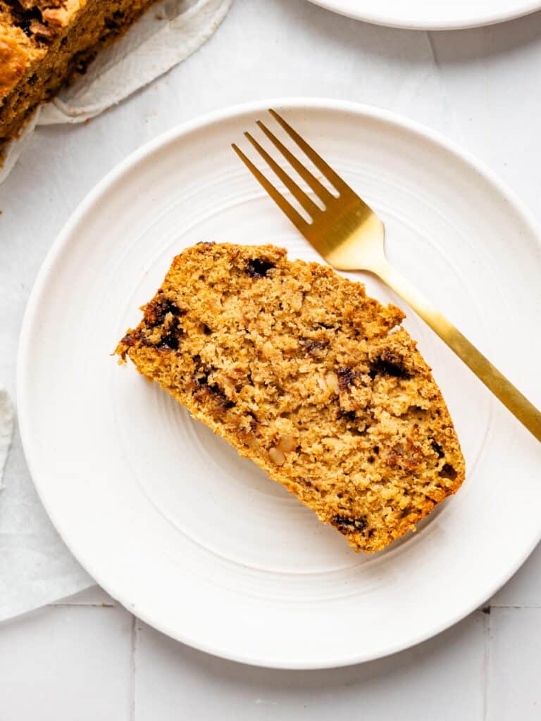 Gluten-free Oat Flour Banana Bread with chocolate chips and walnuts.