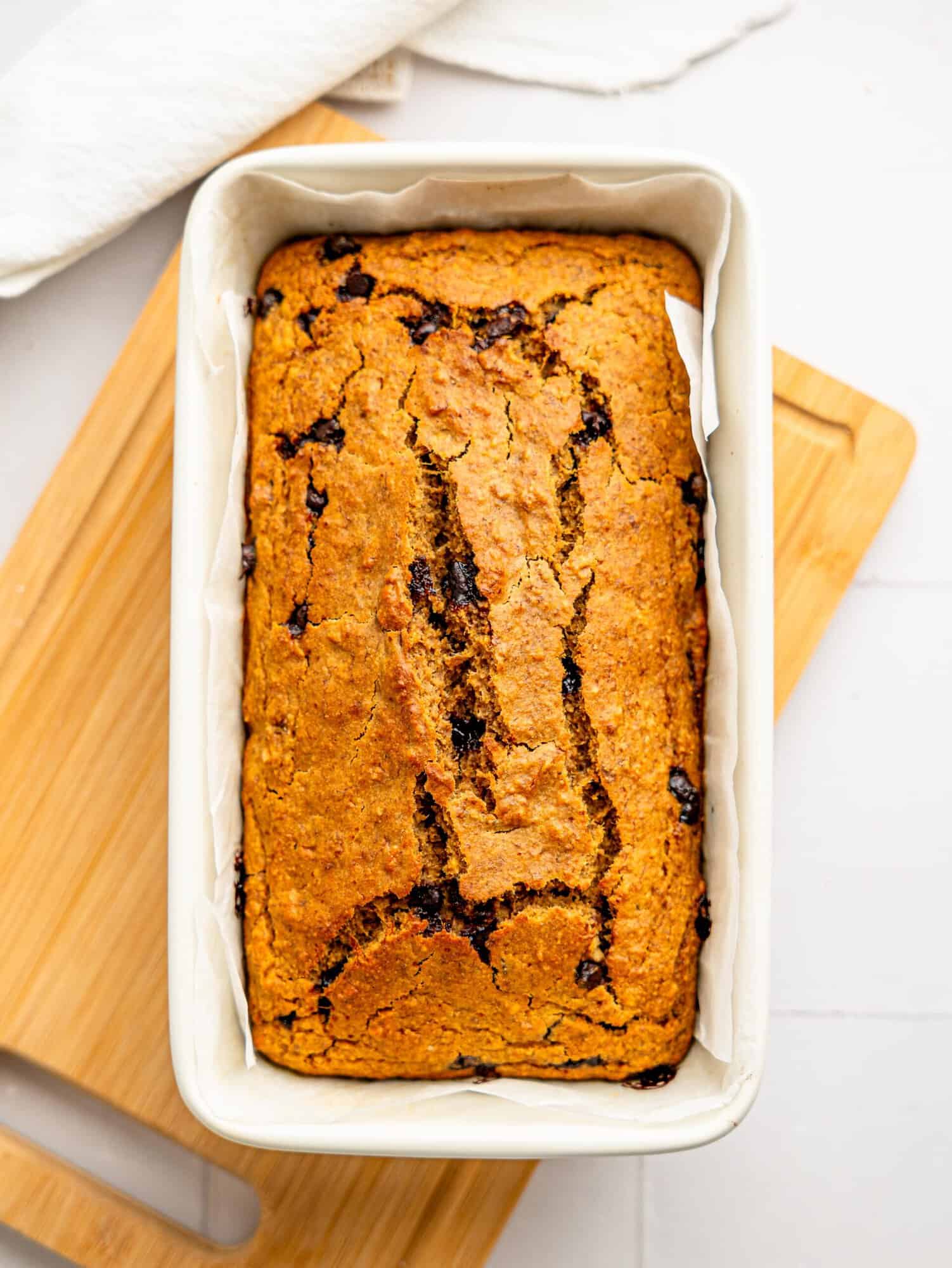 Baked Oat Flour Banana Bread in loaf tin.