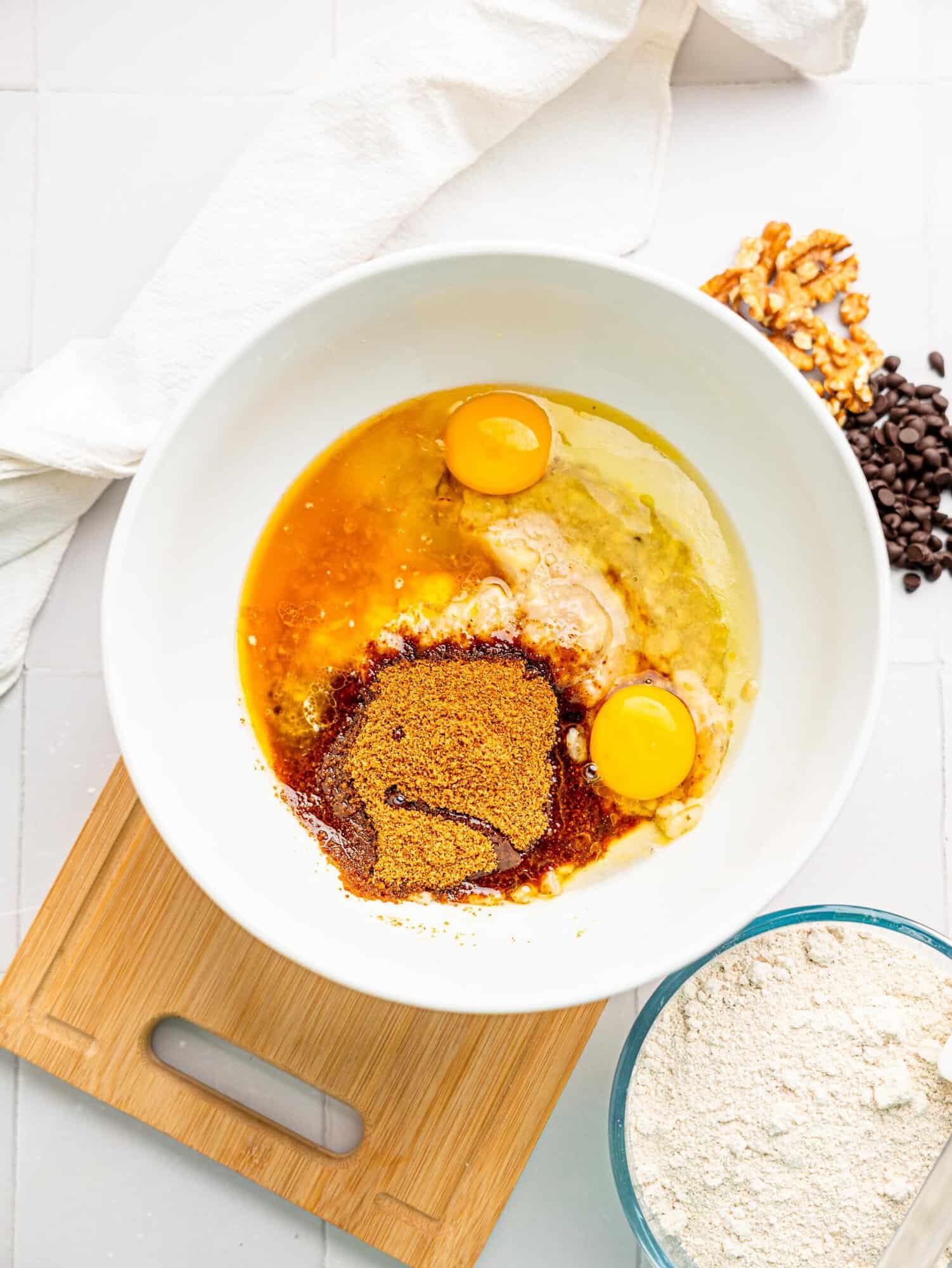Wet ingredients for healthy banana bread in a bowl.