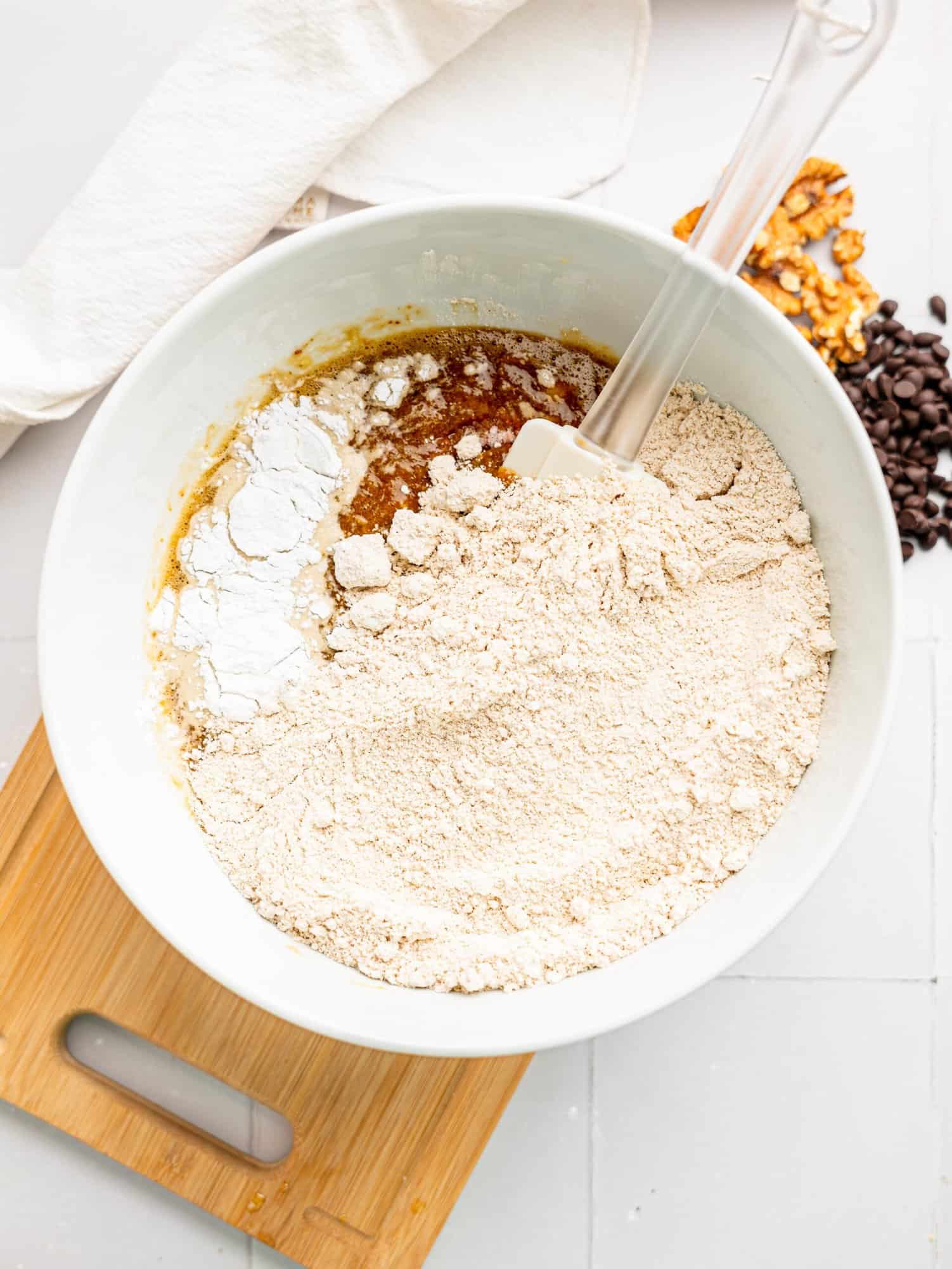 Gluten free banana bread ingredients in a bowl.