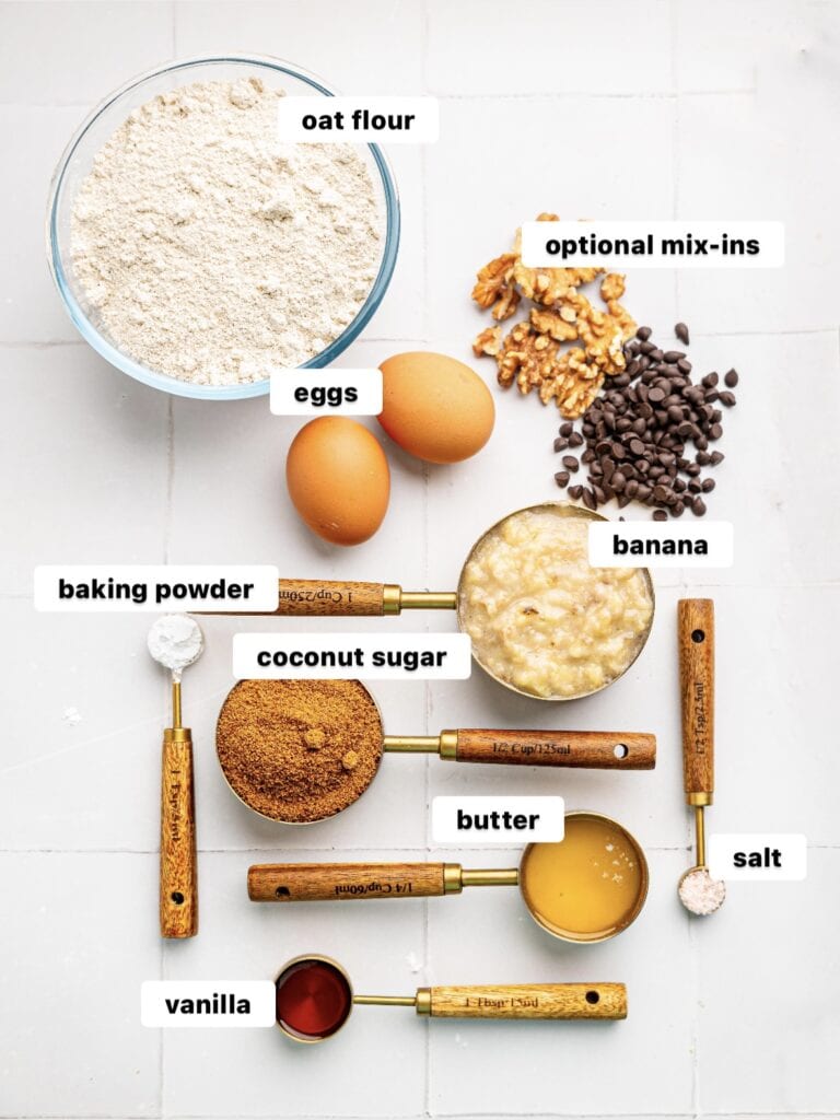 Ingredients needed to make oat flour banana bread.