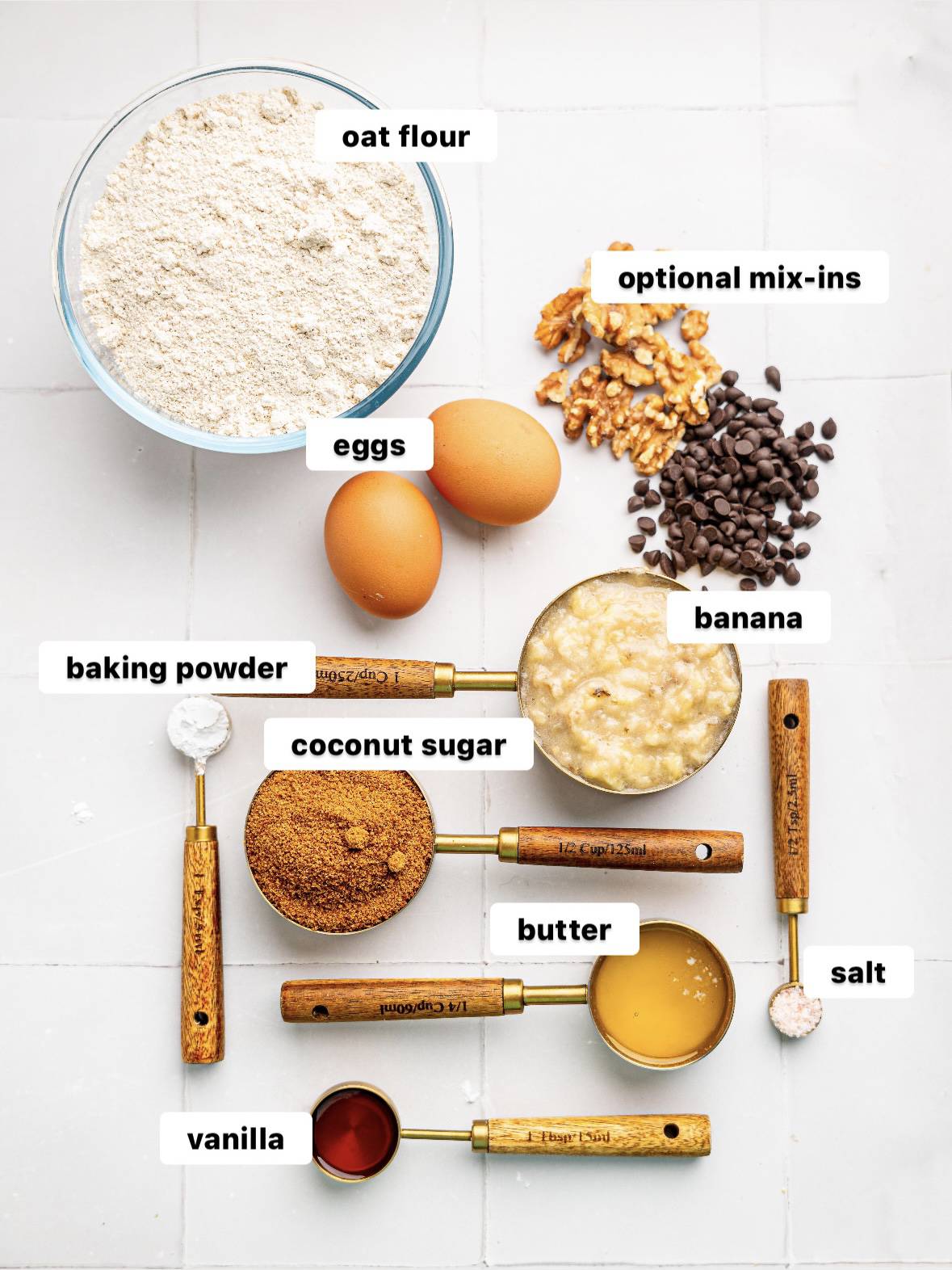 Ingredients needed to make oat flour banana bread.