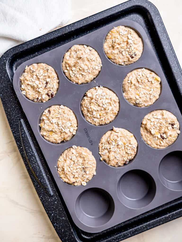 3 ingredient banana oatmeal muffins ready to be baked!