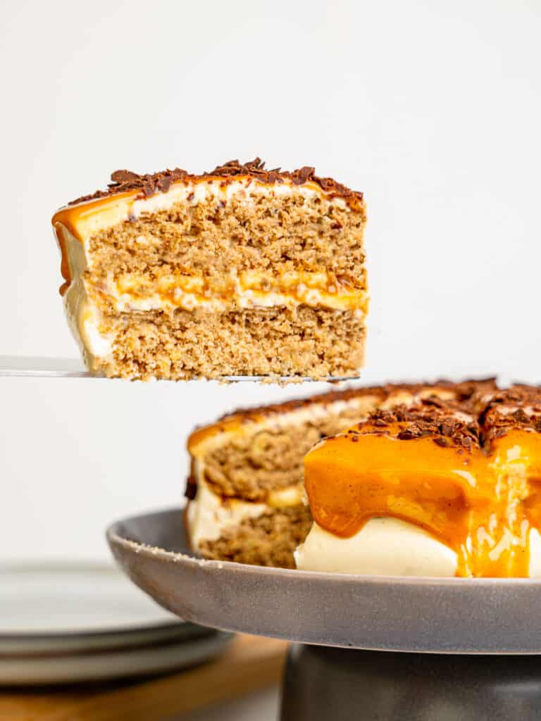 Banoffee cake with cream cheese frosting and peanut butter caramel.