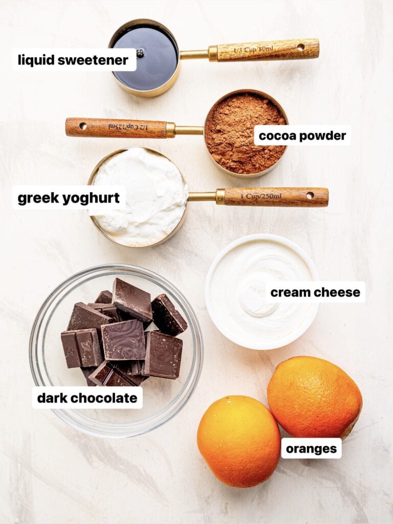 Ingredients for a healthy chocolate orange cheesecake.