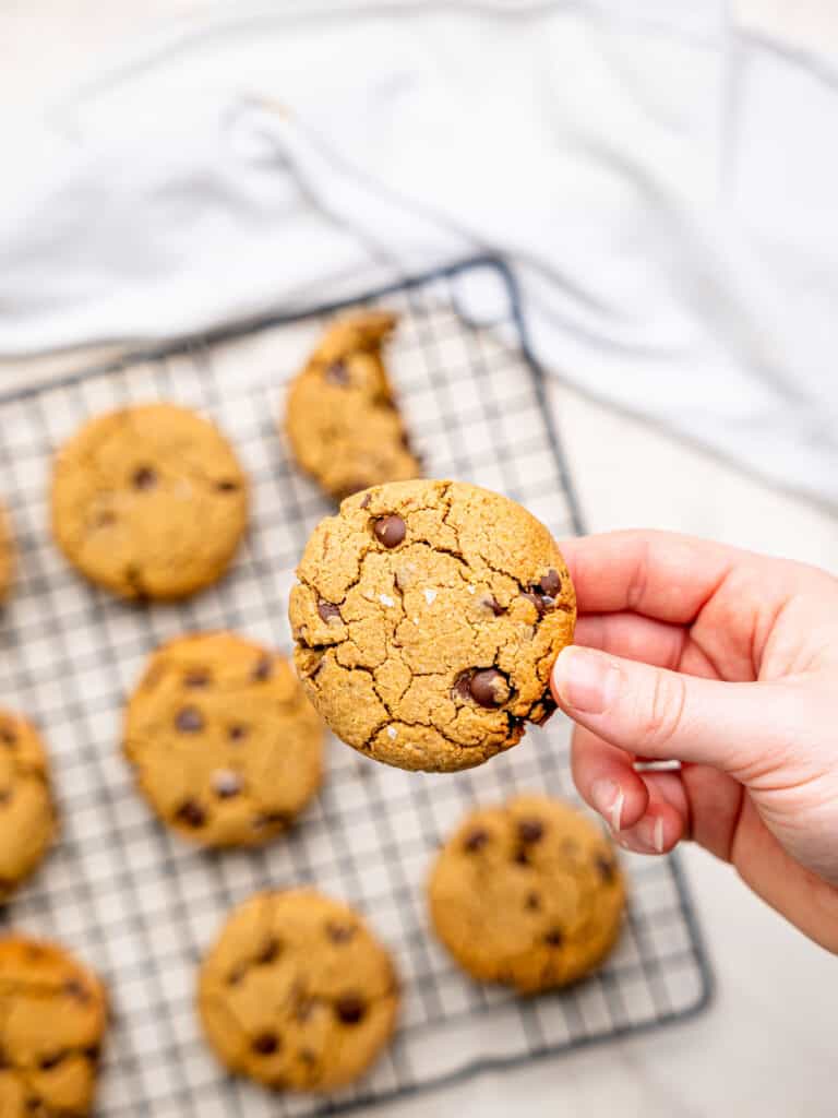 5 ingredient healthy chocolate chip cookies with oat flour.