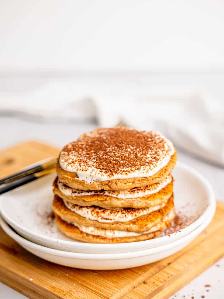 Healthy Tiramisu pancakes on a plate.