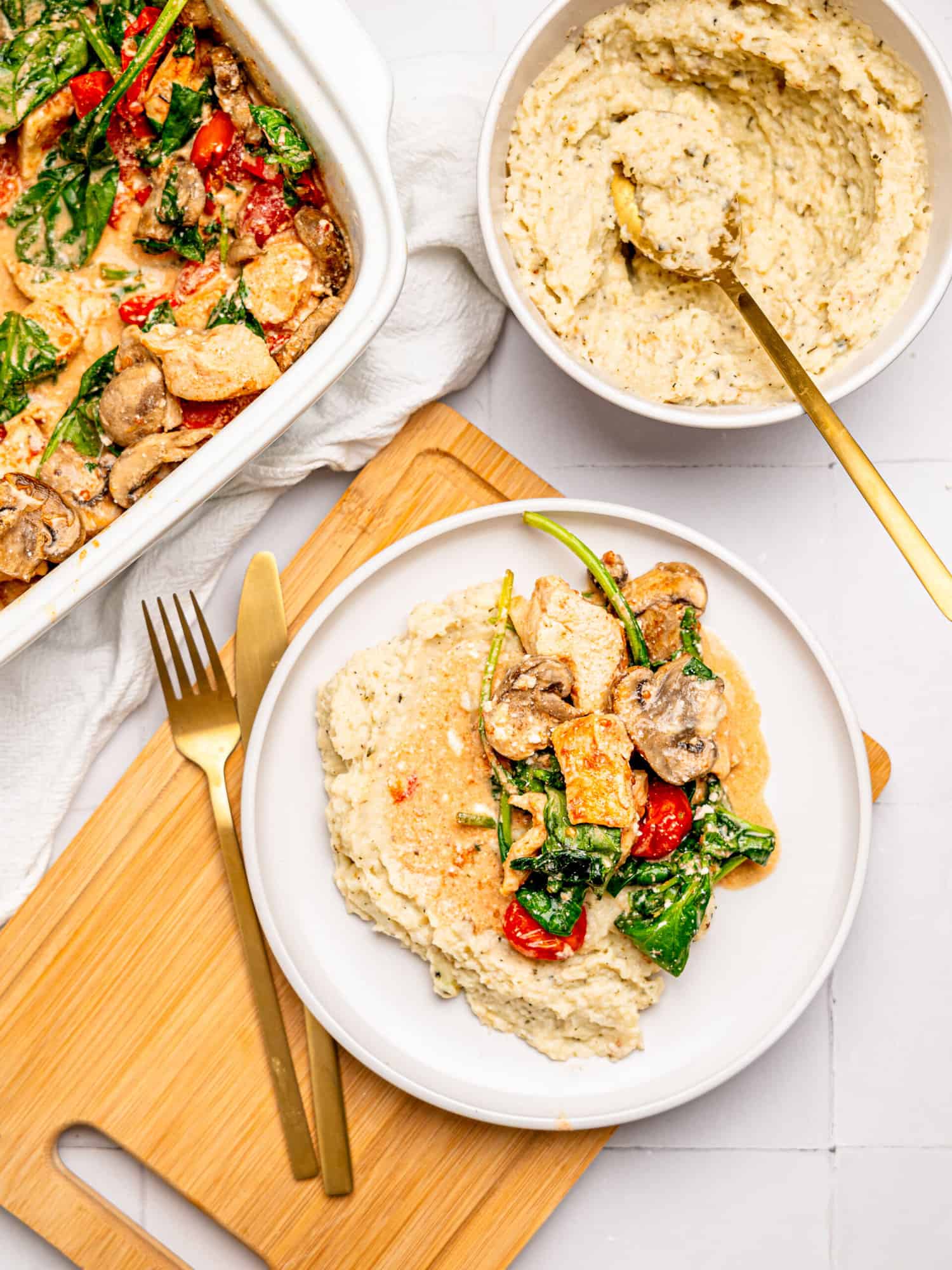 Baked Chicken and Feta served with creamy cauliflower mash.