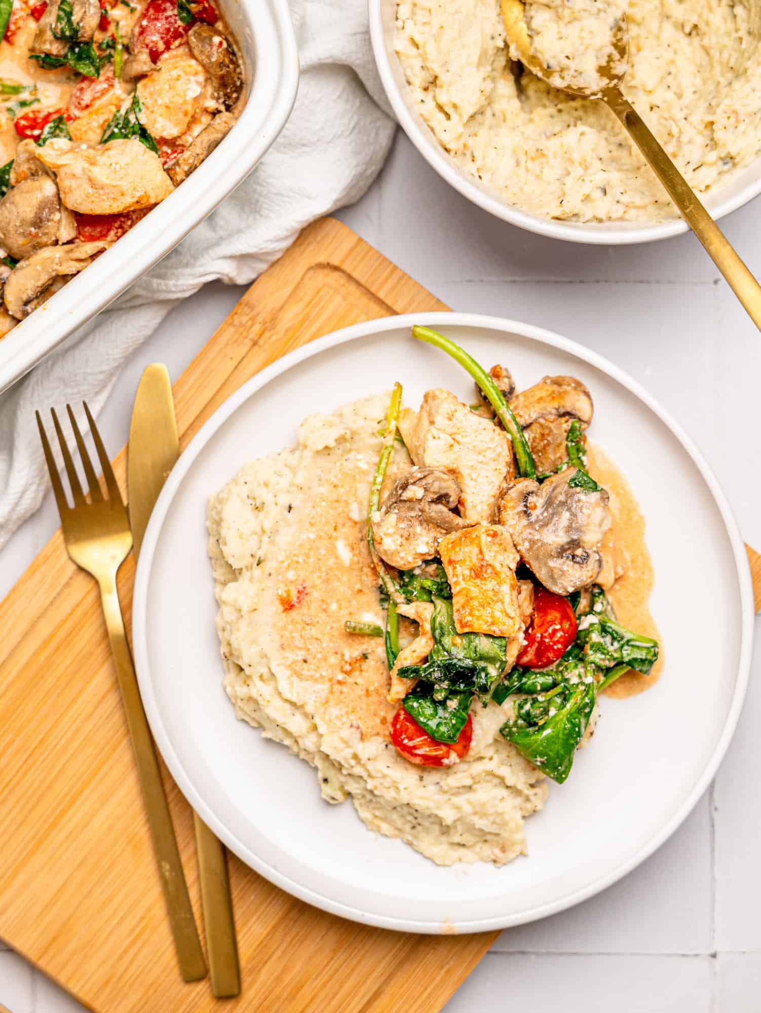 Feta Chicken Bake served with creamy cauliflower mash.