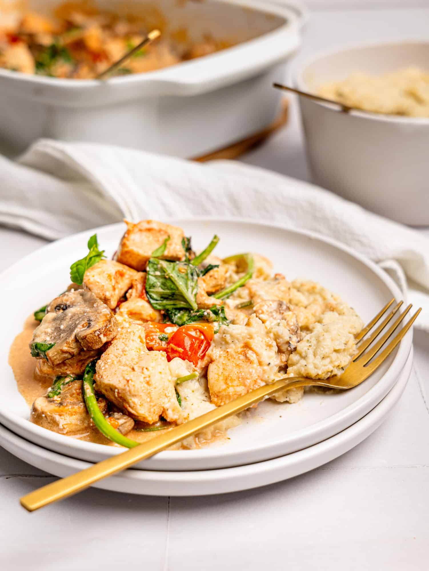 Feta Chicken Bake with Cauliflower Mash.