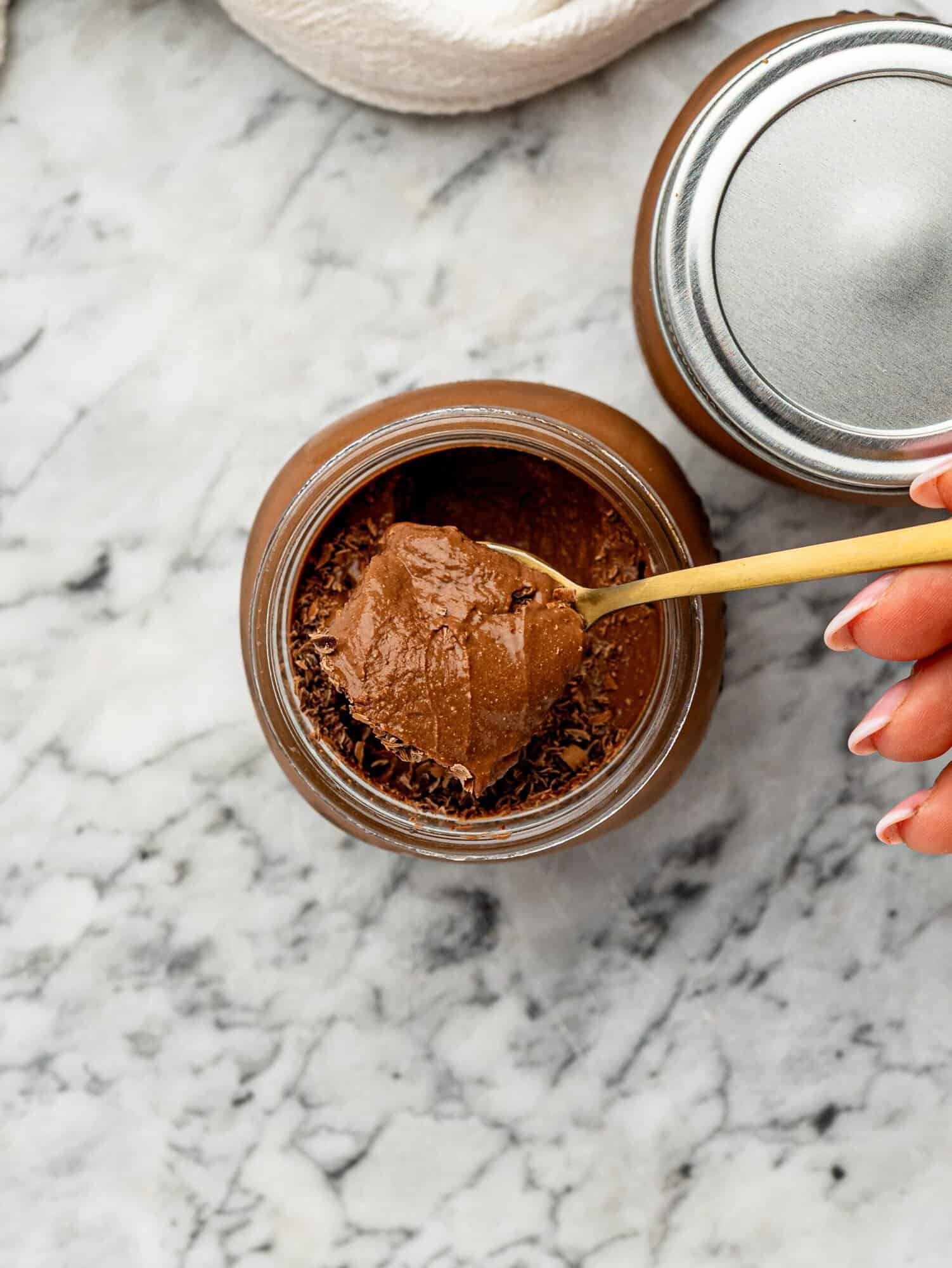 Close-up of a spoonful of Healthy Cottage Cheese Chocolate Mousse.
