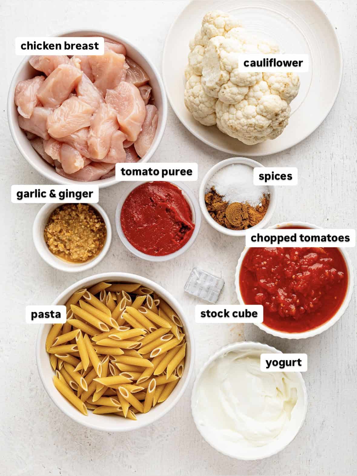 Butter Chicken Pasta Ingredients on a counter top.