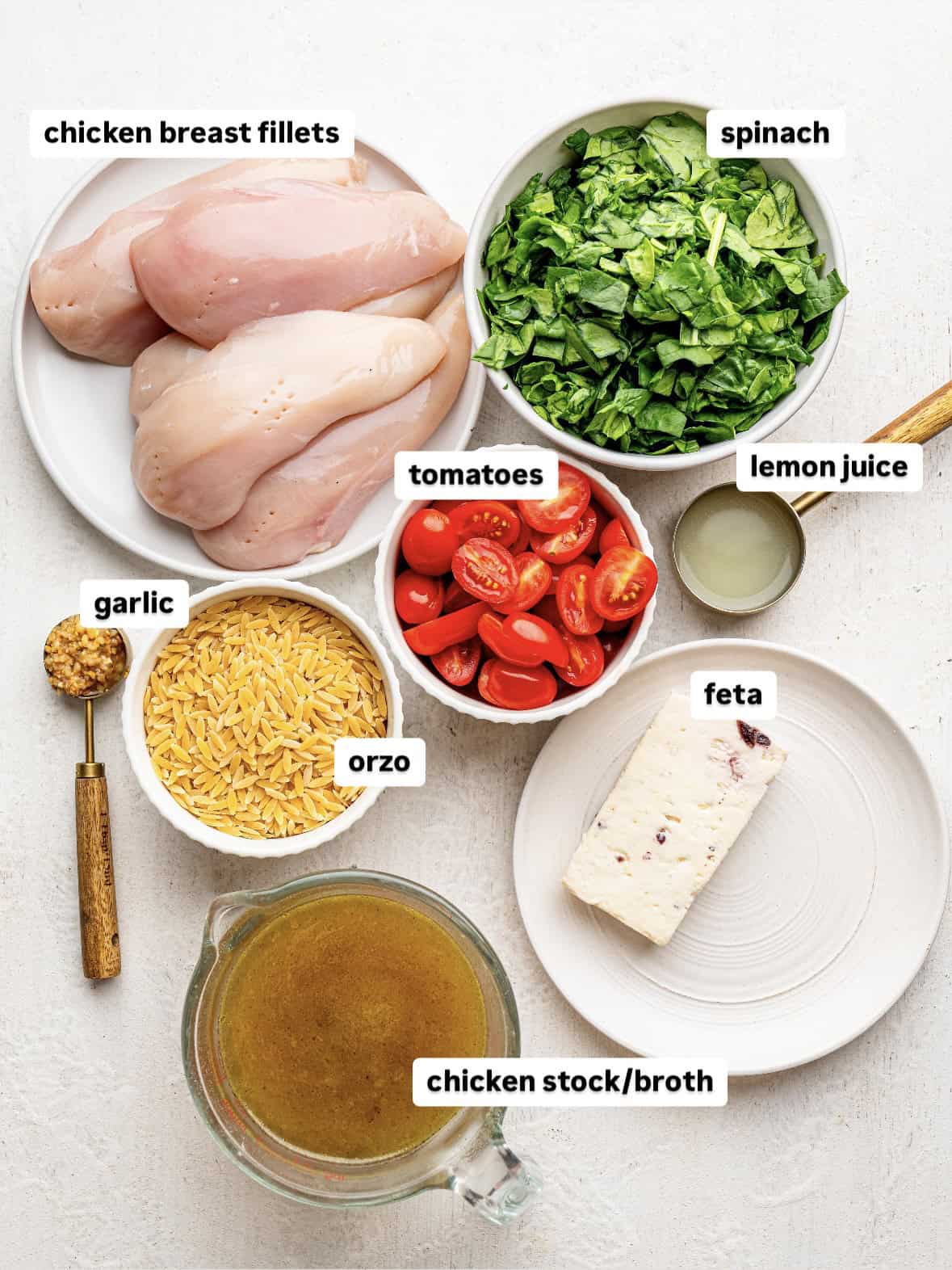 Ingredients needed to make chicken and orzo bake.