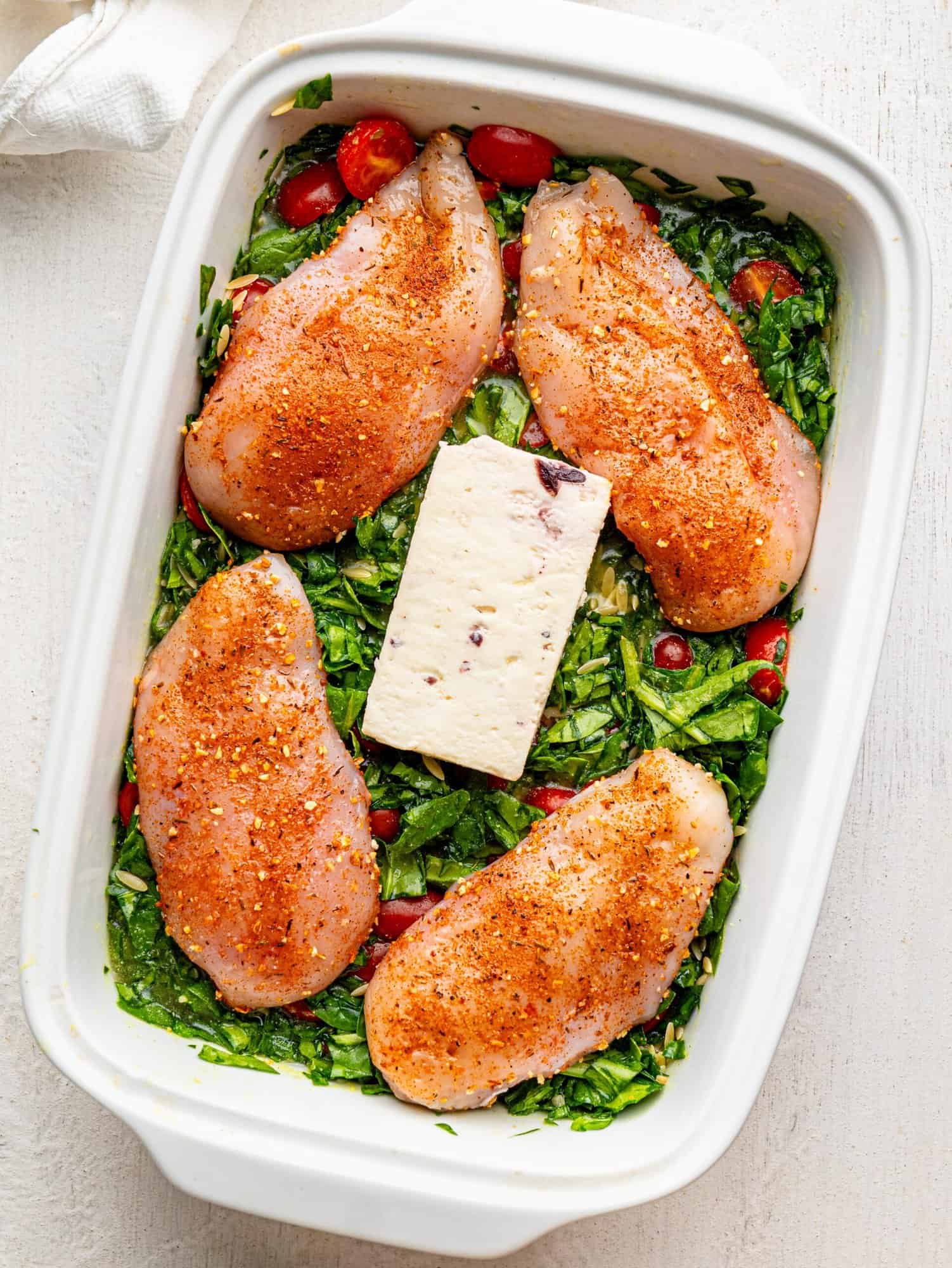 Chicken and Orzo Bake ready to go in the oven.