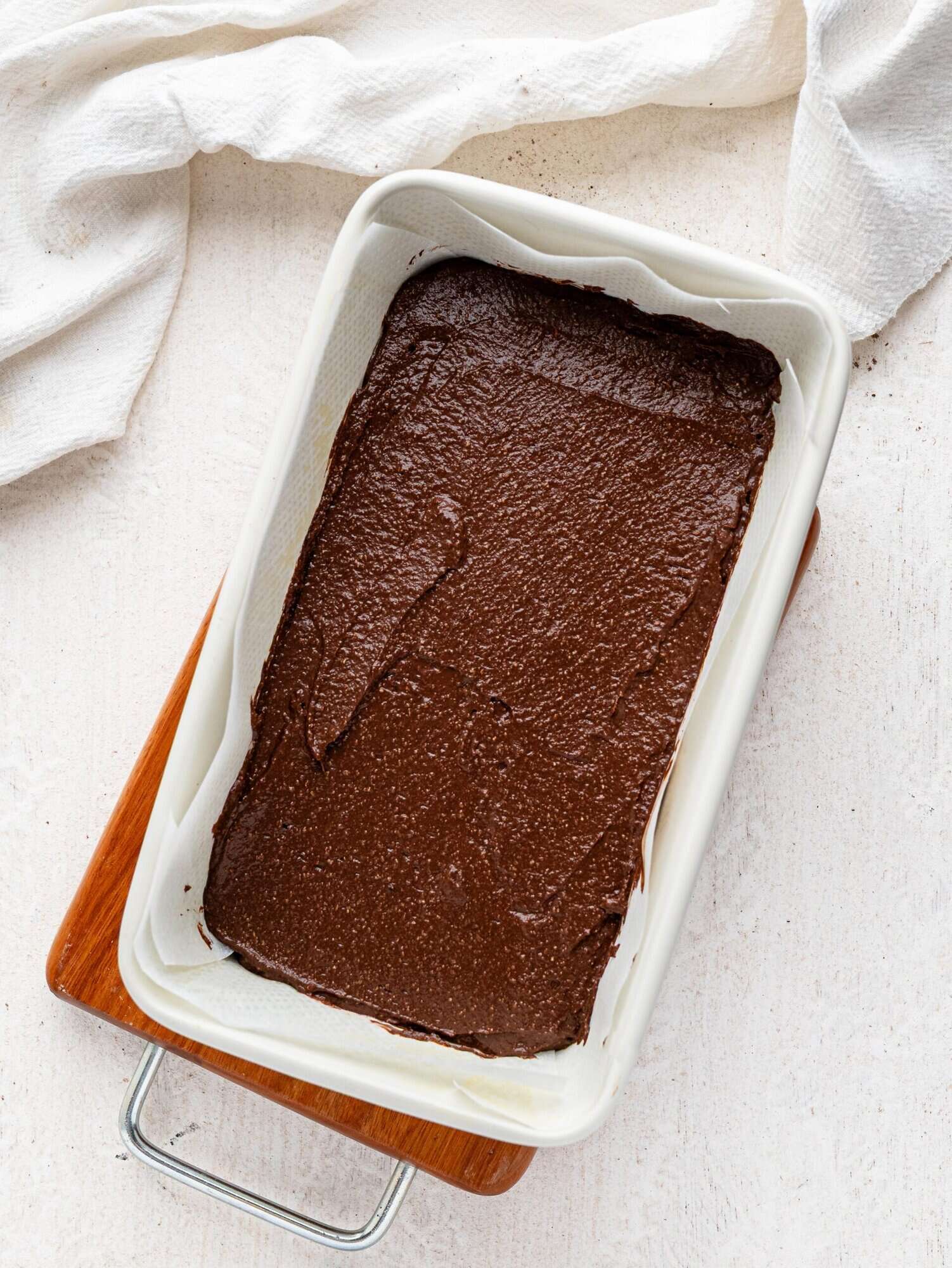 Espresso brownie batter in a loaf pan.