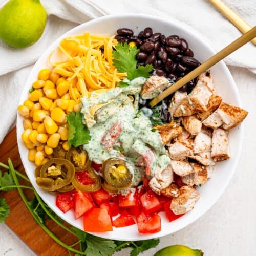 Mexican Chicken Salad ingredients in a white bowl.