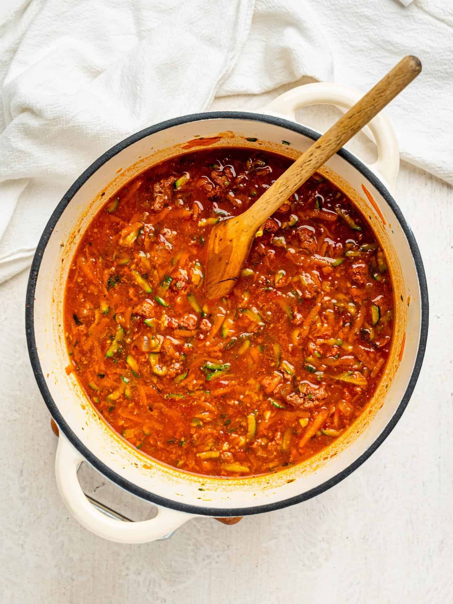 Lasagna sauce in a large pot.