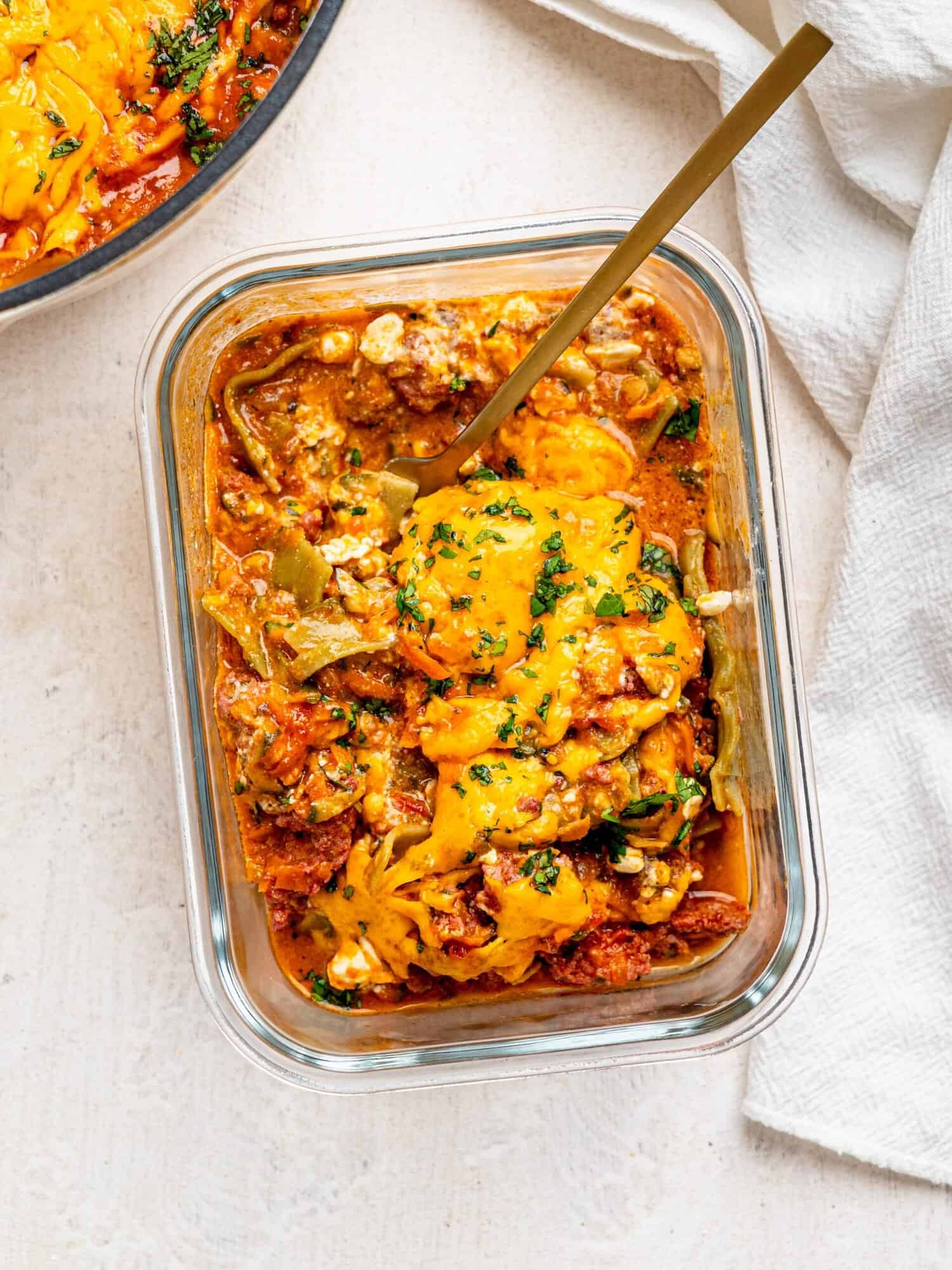 Lazy lasagna in a glass meal-prep container.
