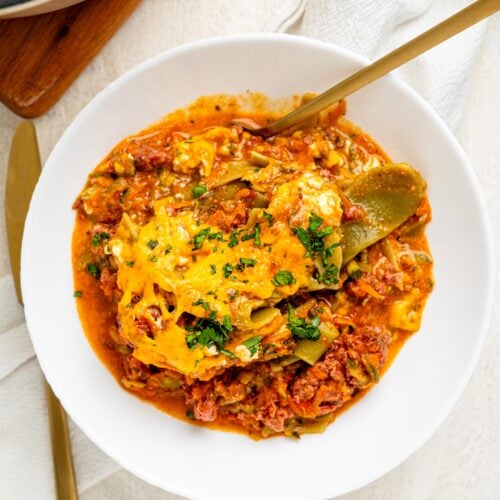 Lazy lasagna in a white bowl.