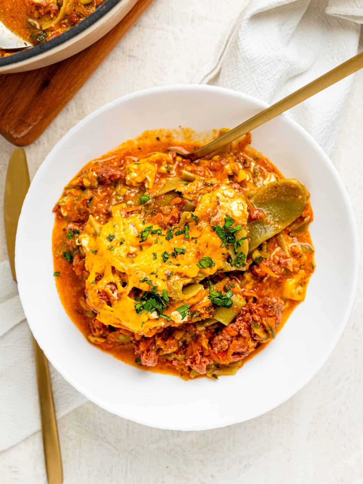 Lazy lasagna in a white bowl.