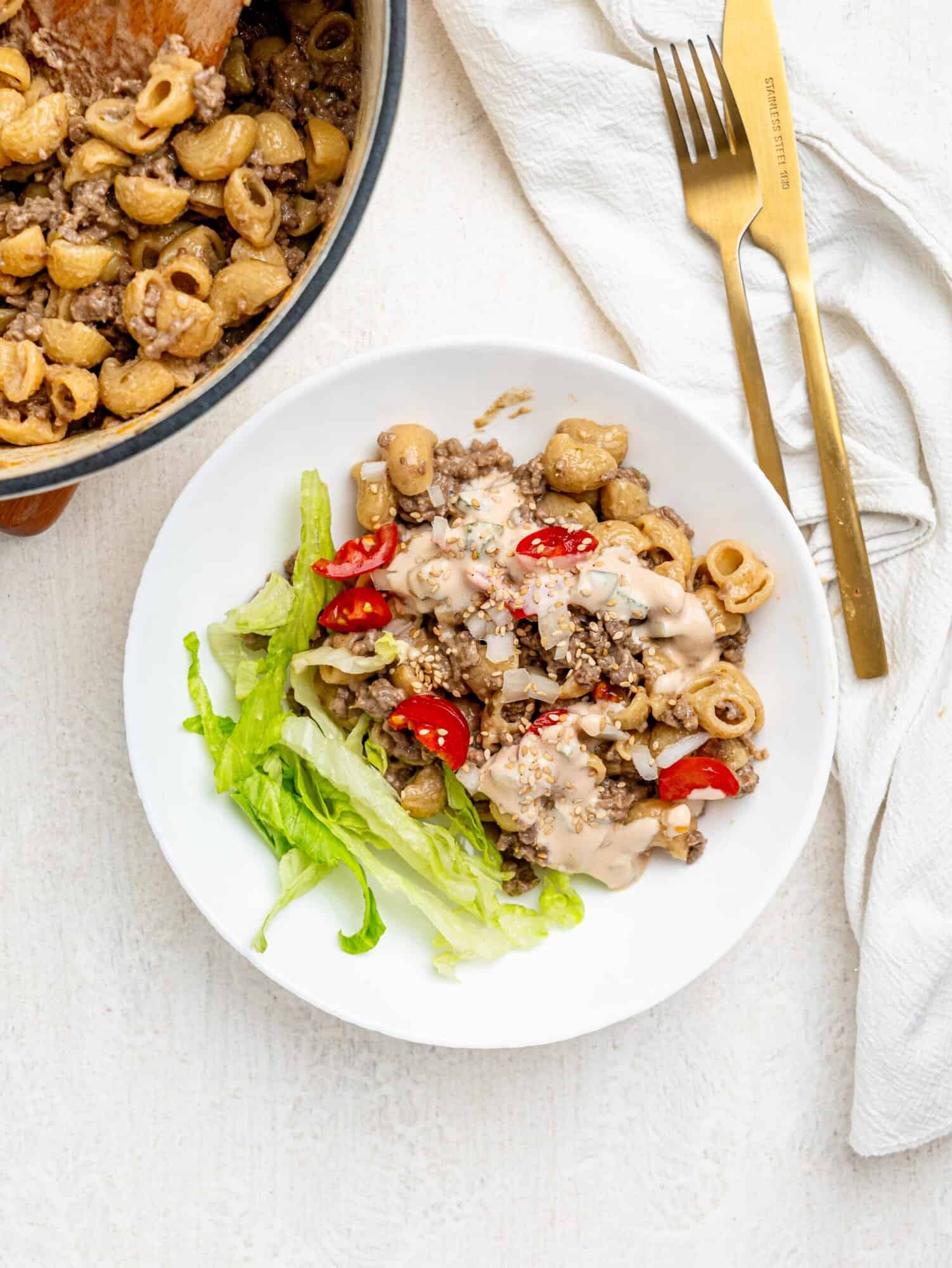 Big mac pasta in a white bowl.