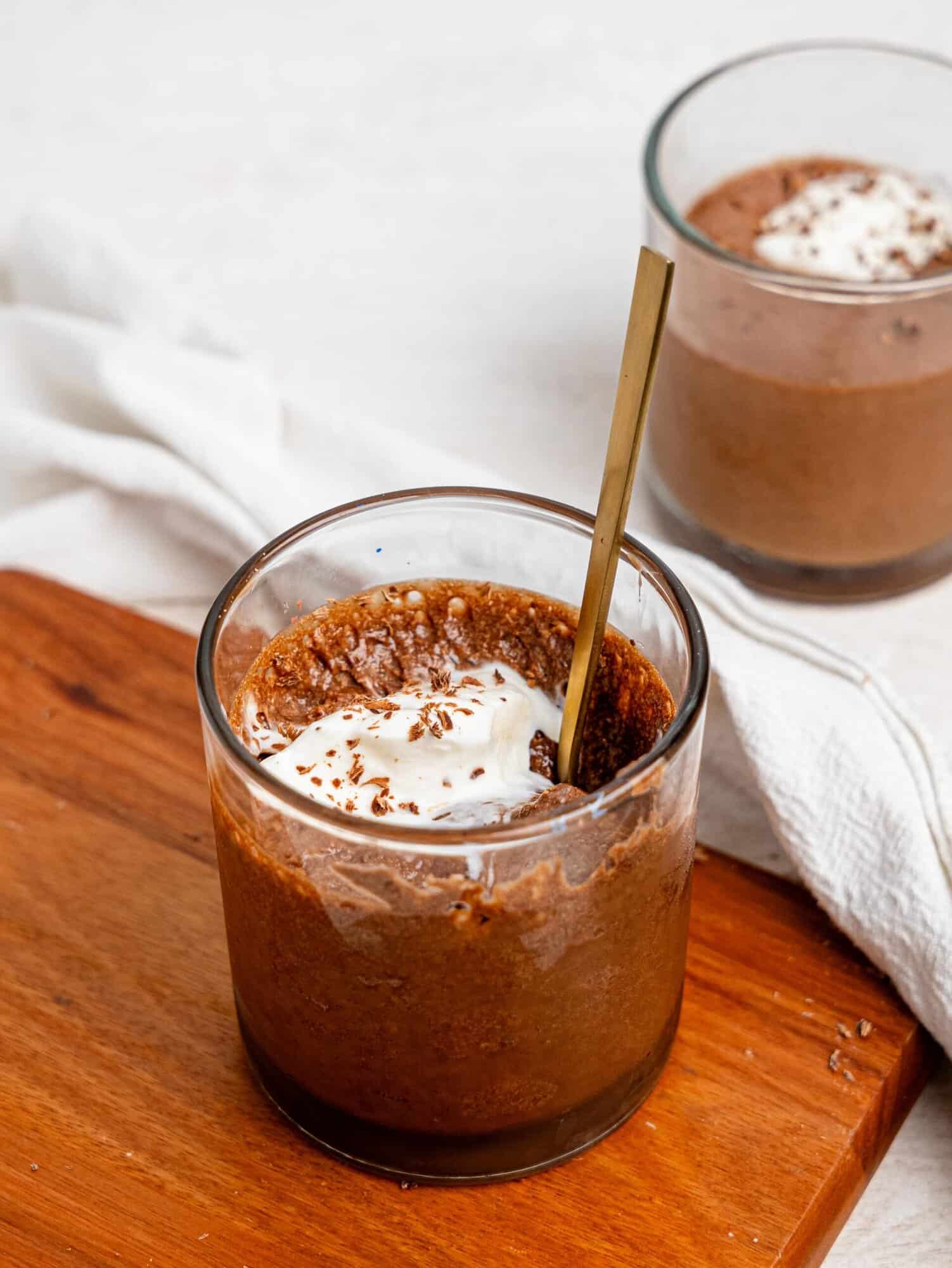 Chocolate Protein Mousse in a glass cup.