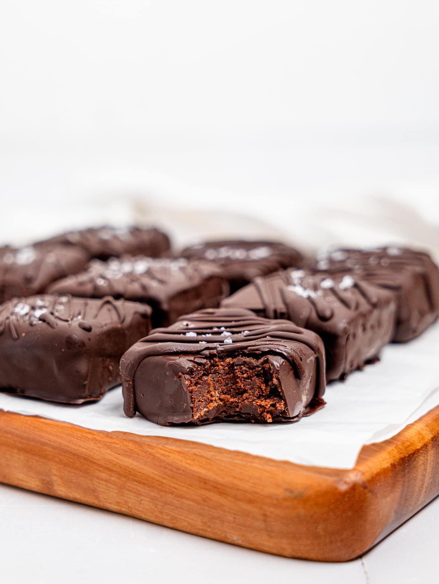No bake brownies on a chopping board.