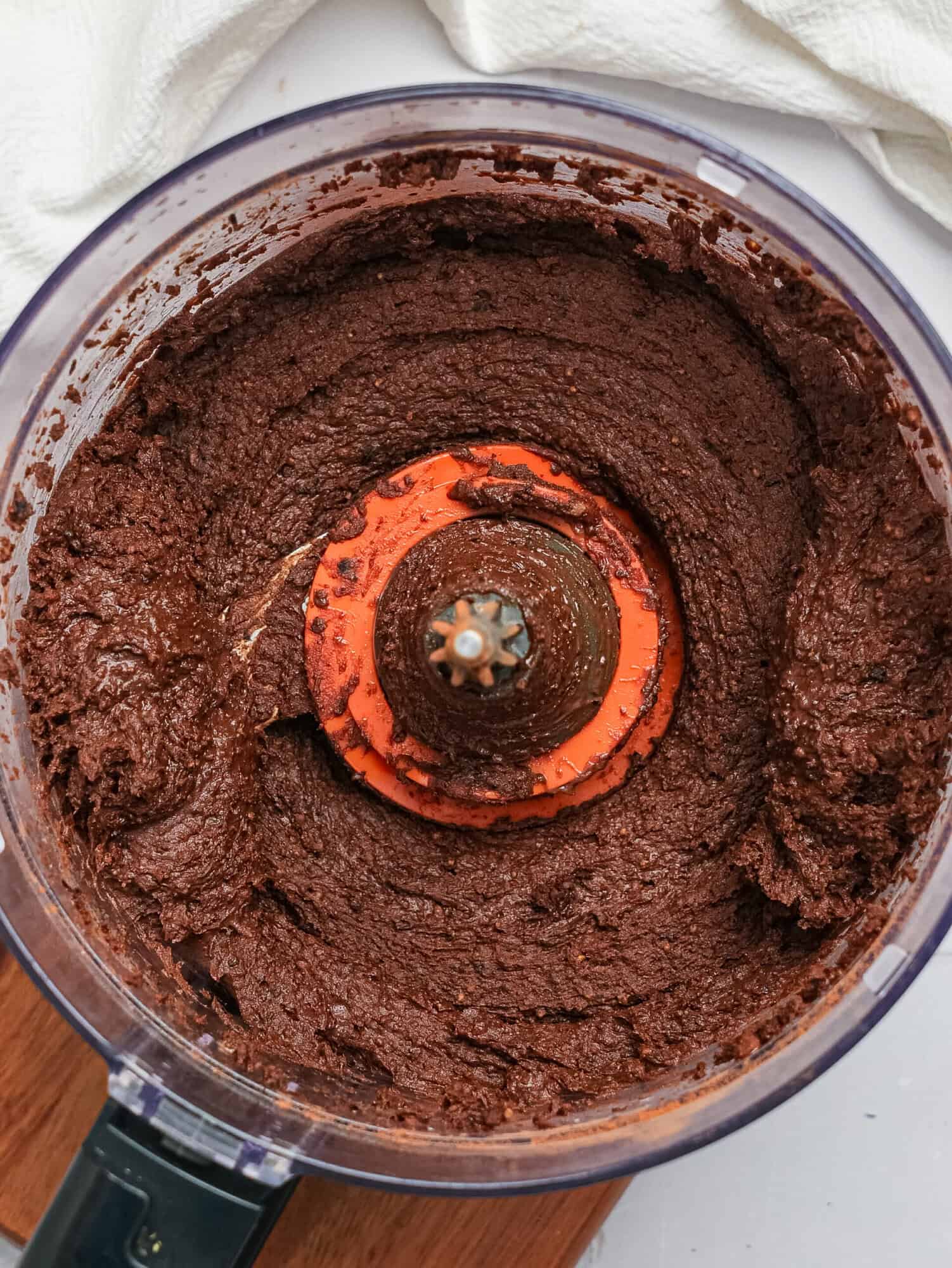 Black bean brownie batter blended in a food processor.