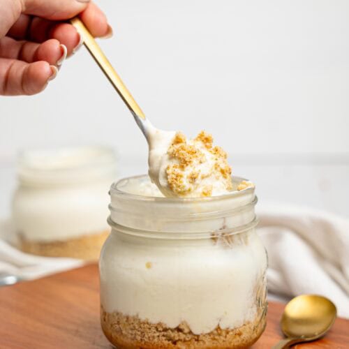 Spooning out a bit of lemon cheesecake pot.