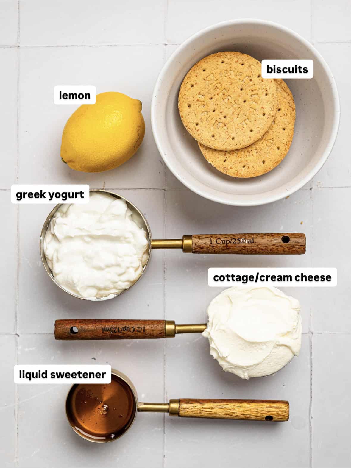 Ingredients needed to make lemon cheesecake pots.