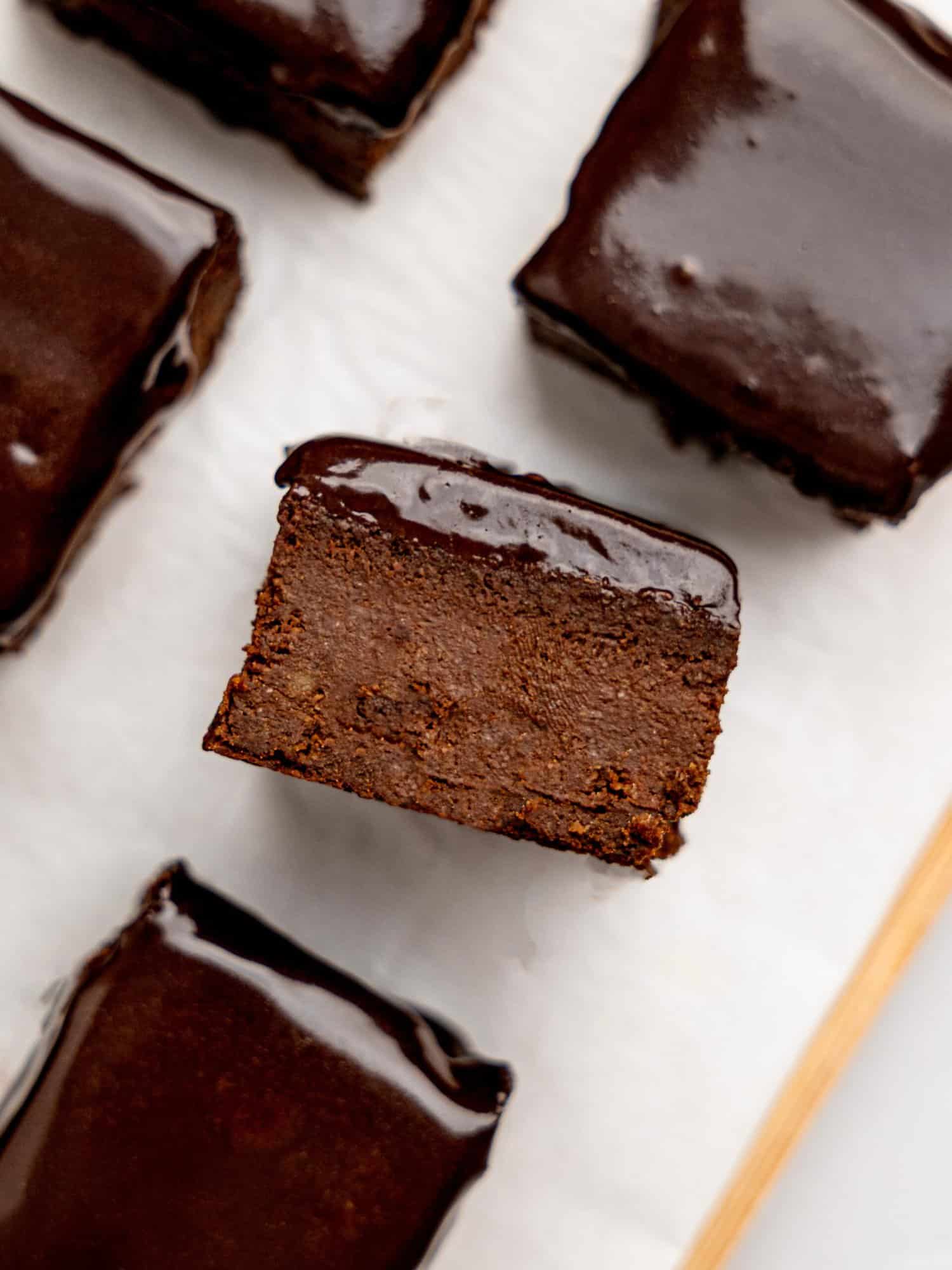 Chocolate brownie with healthy chocolate ganache.