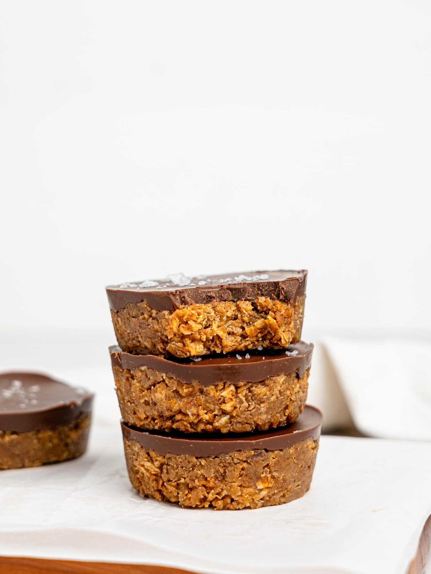 Three Peanut Butter Weetbix Cups stacked on top of each other.